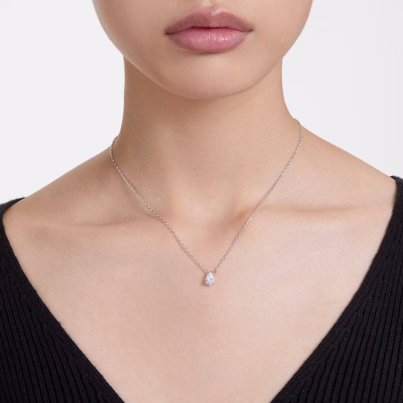 Swarovski Stilla pendant, teardrop cut, necklace, white, rhodium-plated