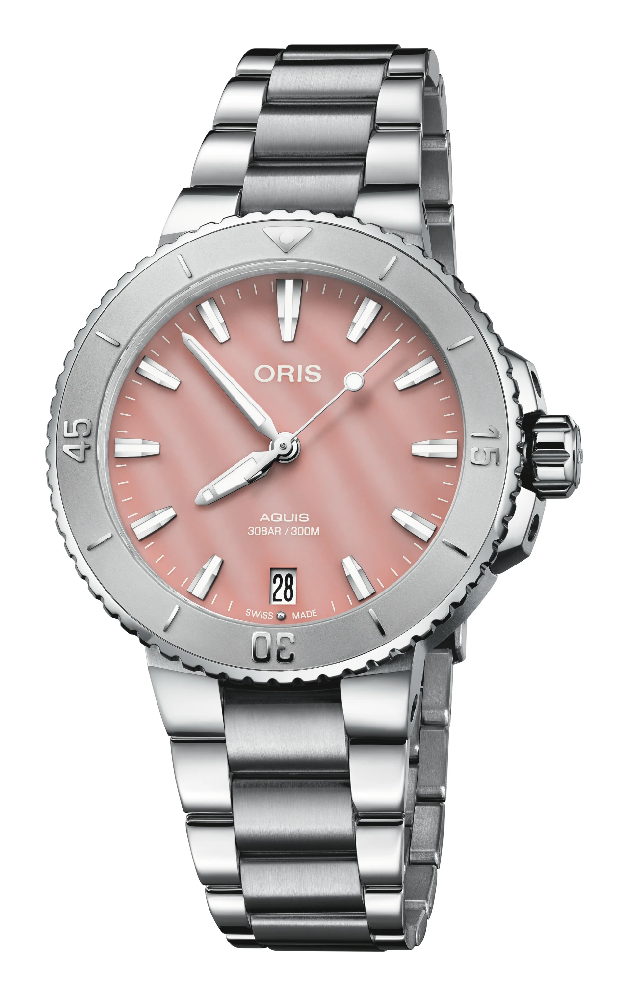 Oris Aquis Date 36.5mm, multi-piece stainless steel case, red mother-of-pearl ladies' watch 01 733 7770 4158-07 8 18 05P