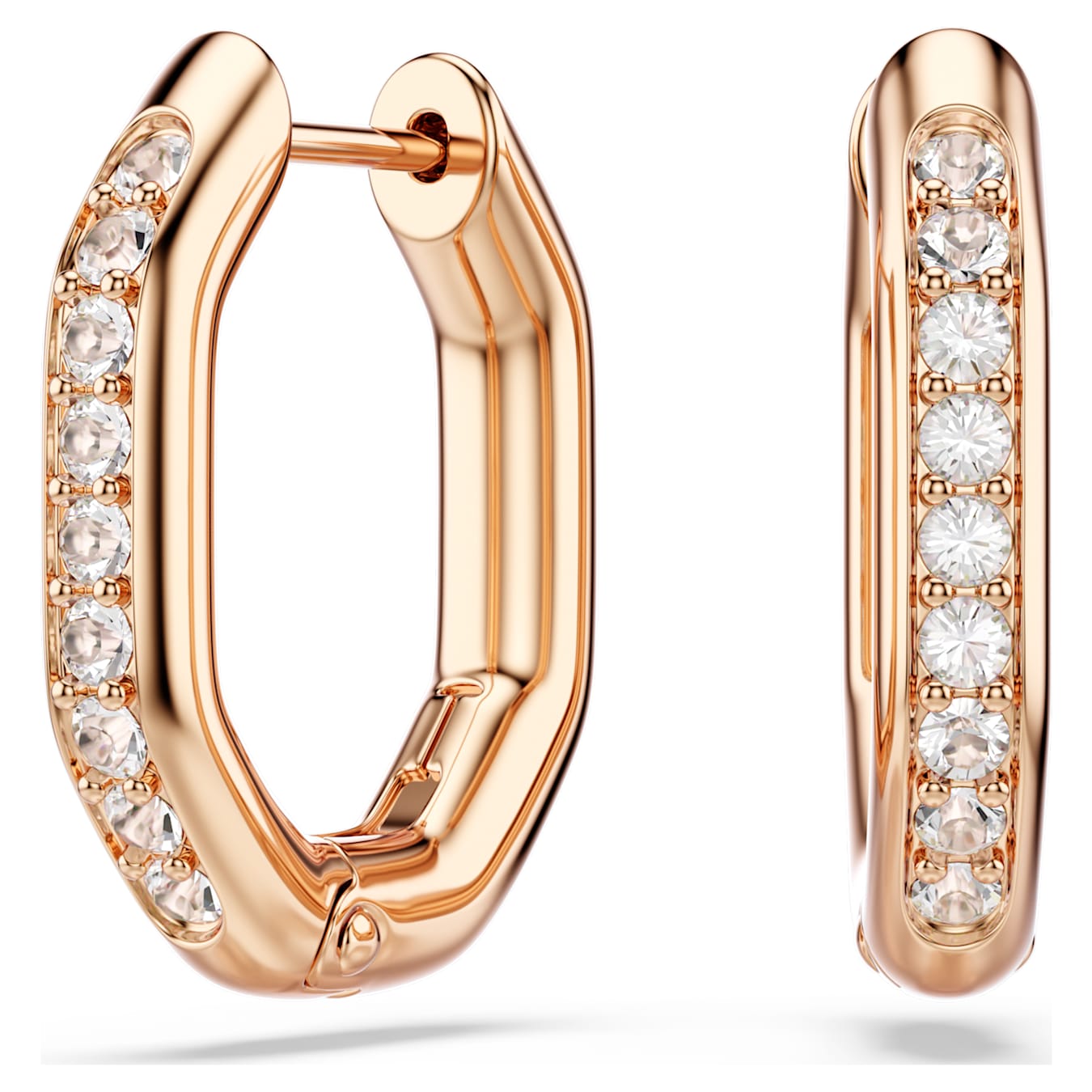Swarovski Dextera hoop earrings, octagonal shape, round cut, small, white, rose gold alloy layer
