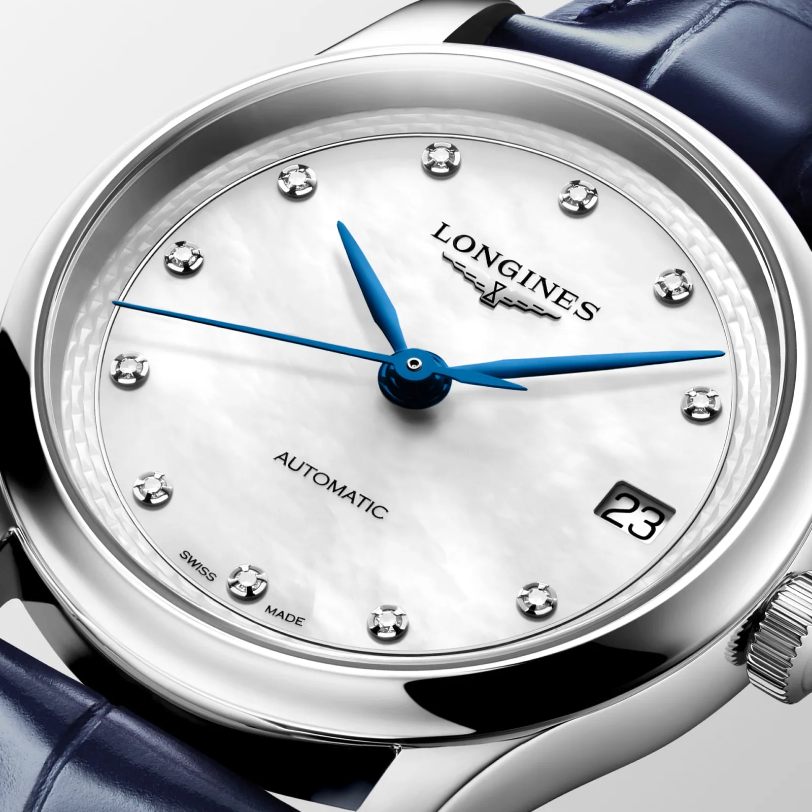 Longines Master Collection Perlmutt Diamanten blue leather strap 34 mm Women’s Watch L2.450.4.87.2