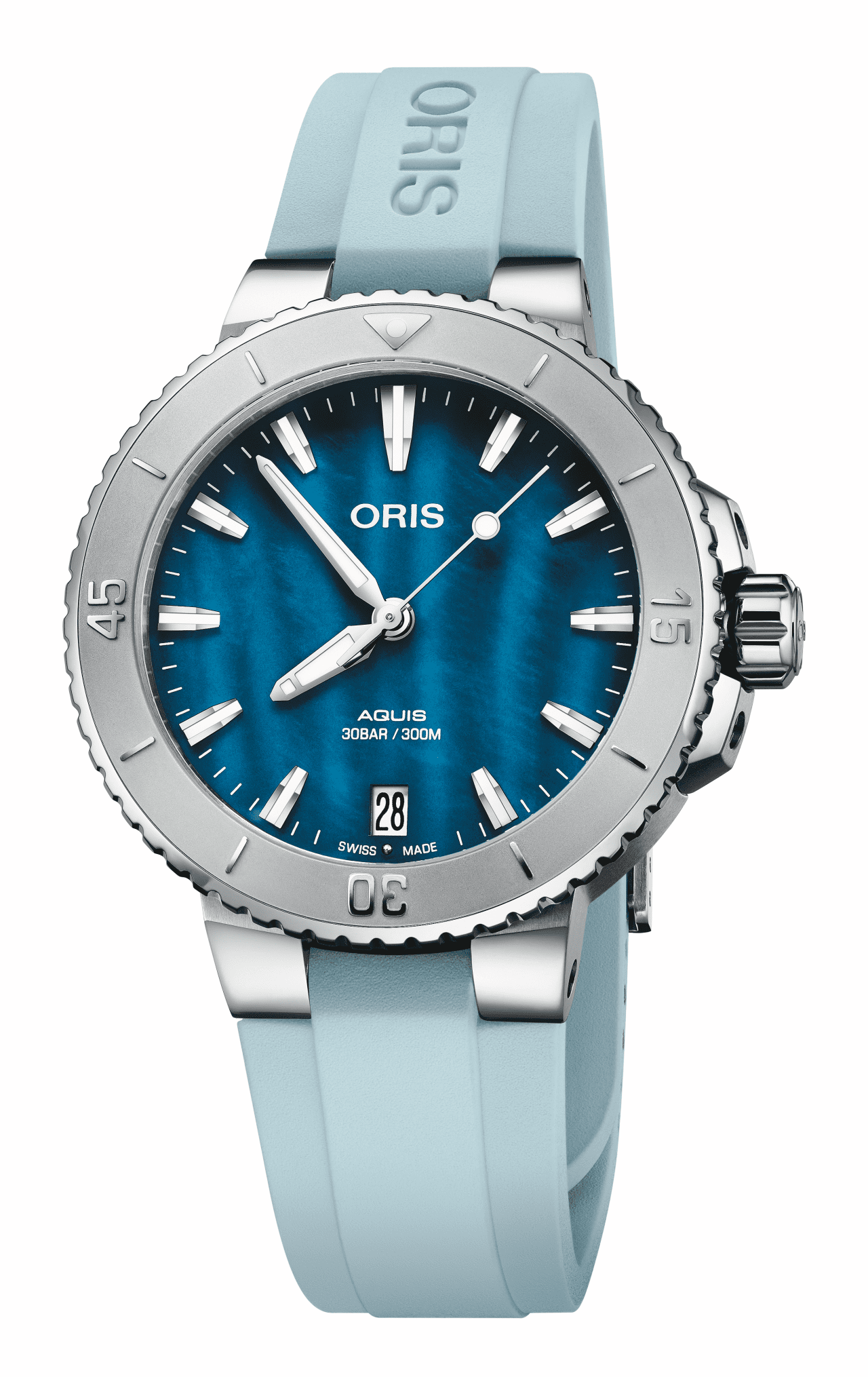 Oris Aquis Date 36.5mm, bezel with minute scale, rubber strap, mother-of-pearl blue ladies' watch 01 733 7770 4155-07 4 18 65FC