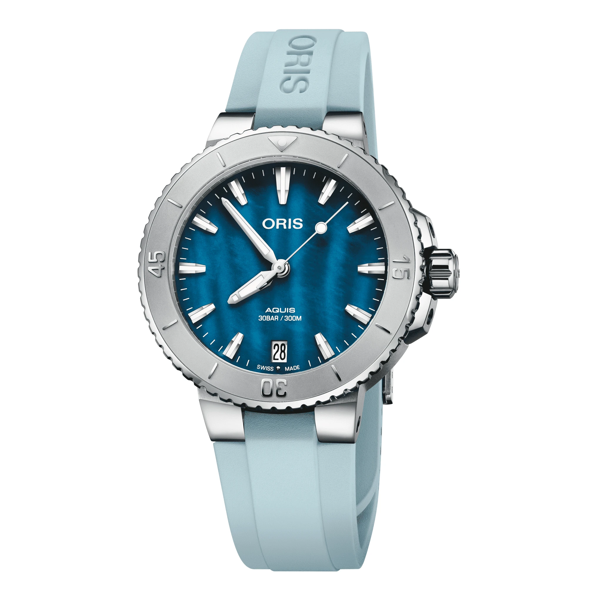 Oris Aquis Date 36.5mm, bezel with minute scale, rubber strap, mother-of-pearl blue ladies' watch 01 733 7770 4155-07 4 18 65FC