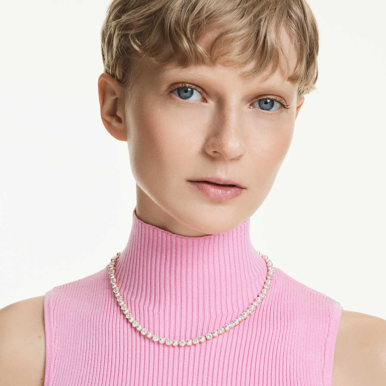 Swarovski Matrix Tennis Necklace Crystal Bead, Round Cut, White, Gold Alloy Layer