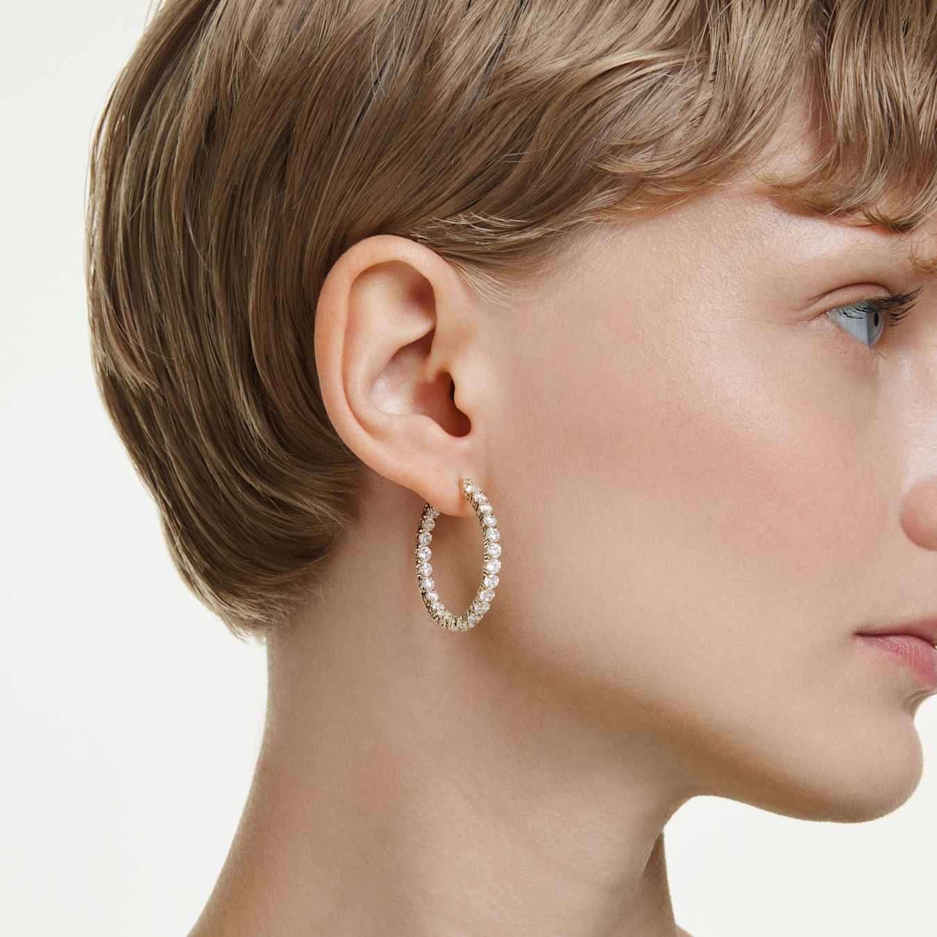 Swarovski Matrix hoop earrings, round cut, white, gold alloy layer