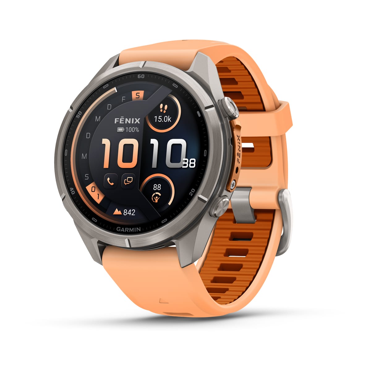 Garmin fēnix® 9 Pro inReach® - 43 mm AMOLED Sapphire Titanium with Shell Pink/Autumn Orange Silicone Band 010-04335-01