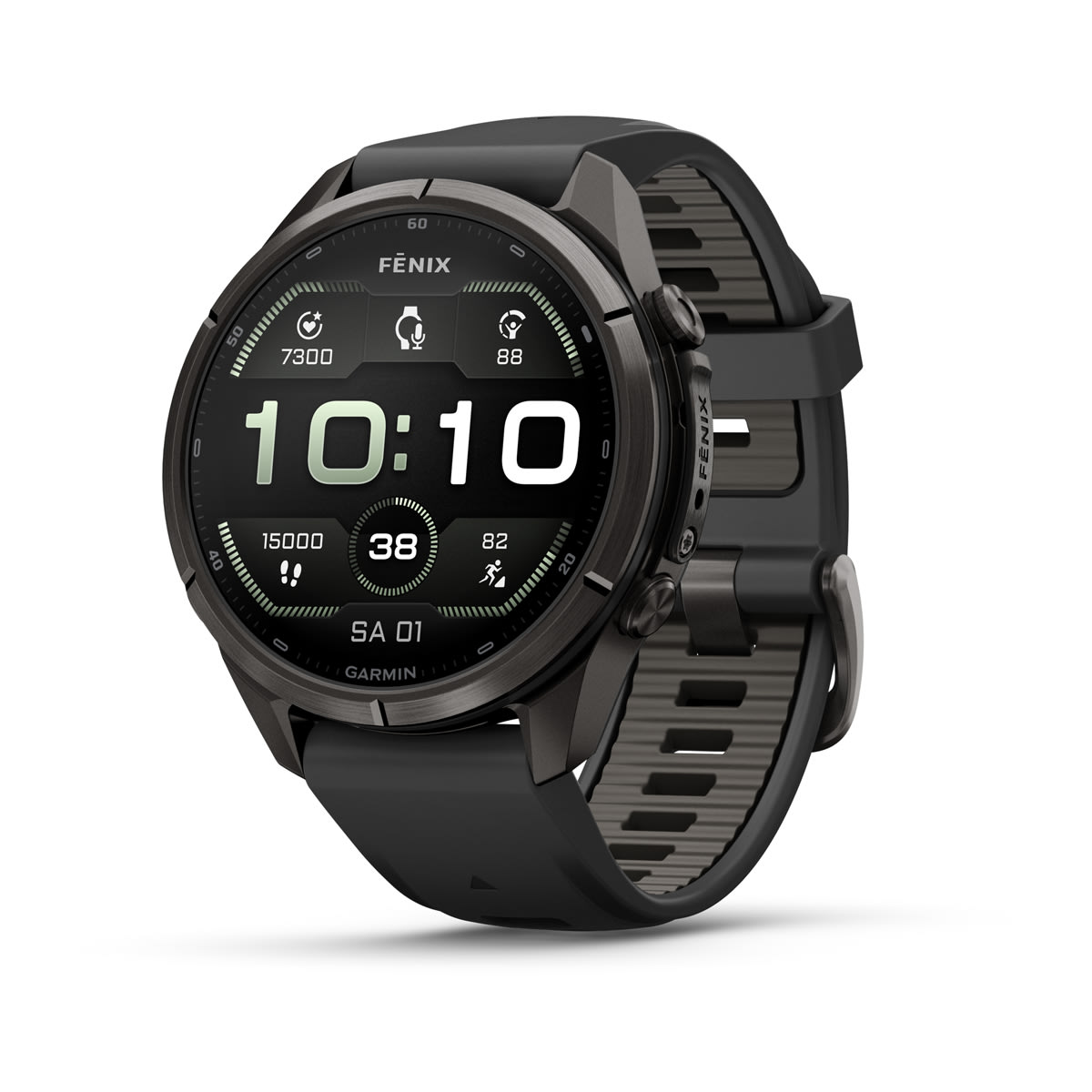 Garmin fēnix® 9 Pro inReach® - 43 mm AMOLED Sapphire Carbon Gray DLC Titanium with Black/Pebble Gray Silicone Band 010-04335-11