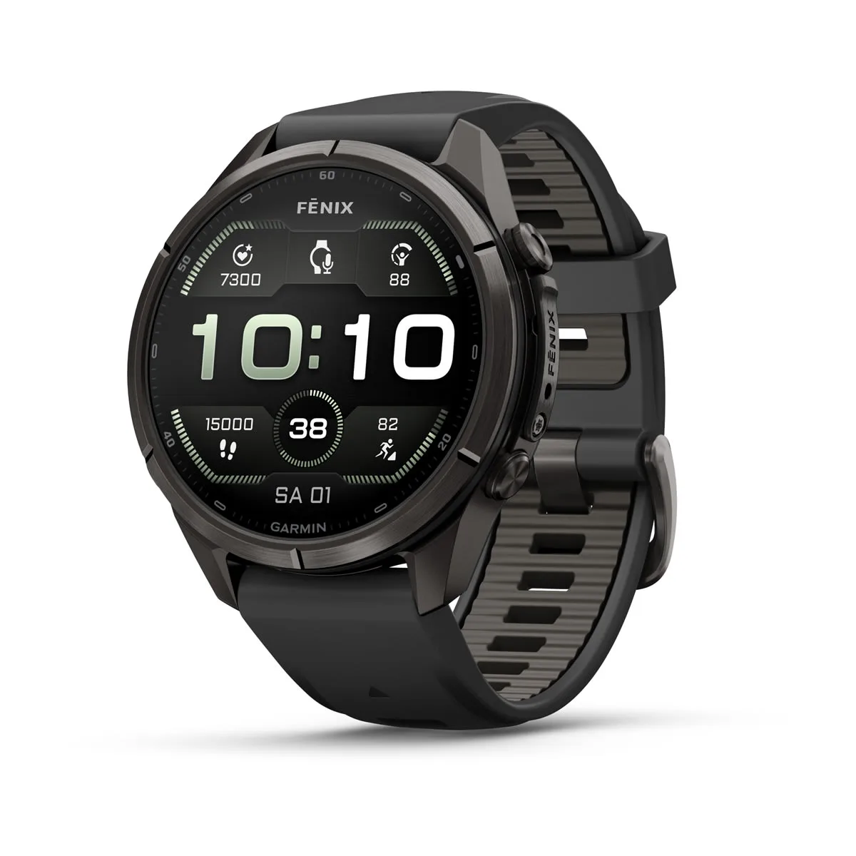 Garmin fēnix® 9 Pro inReach® - 43 mm AMOLED Sapphire Carbon Gray DLC Titanium with Black/Pebble Gray Silicone Band 010-04335-11
