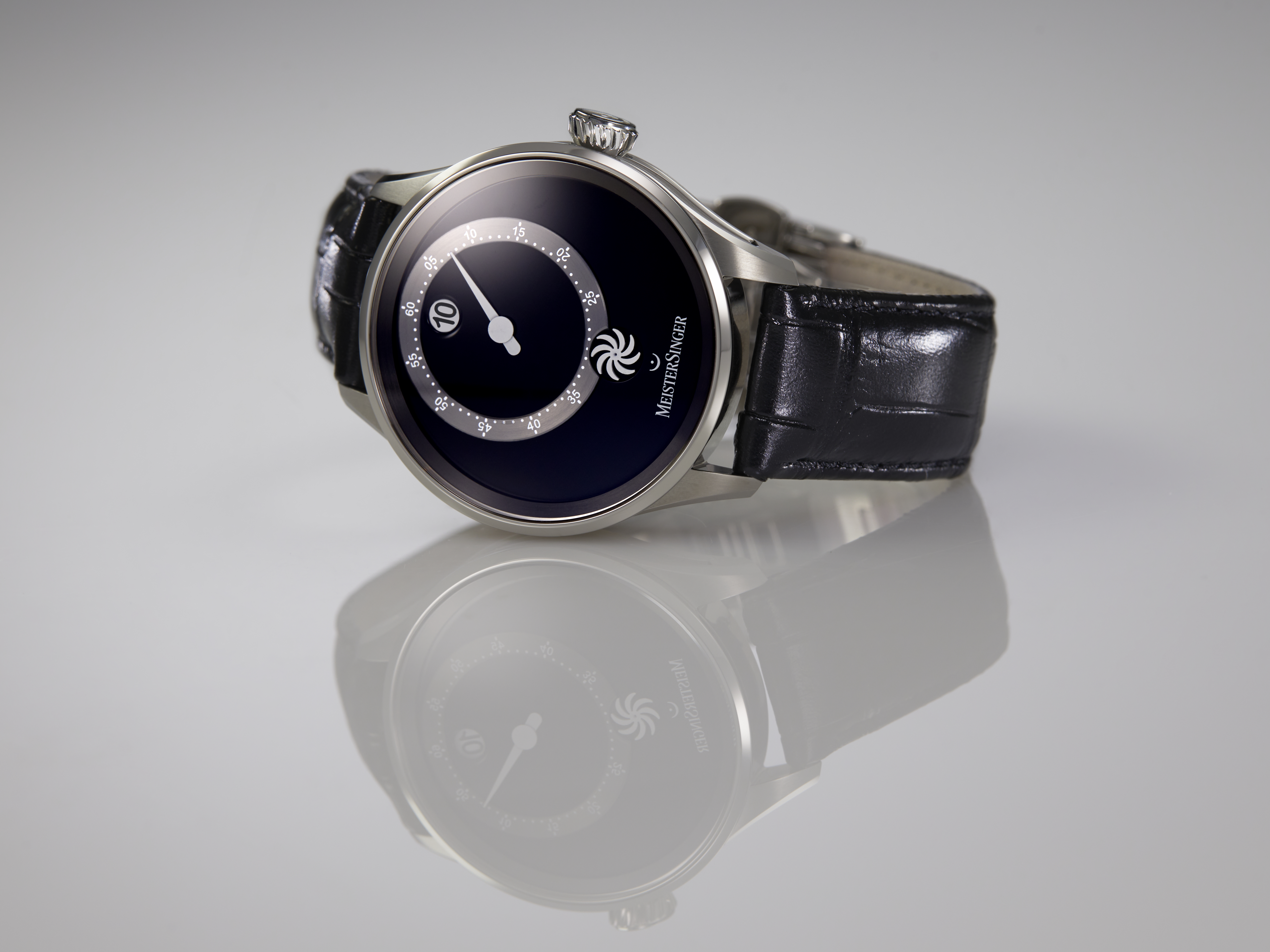 Meister Singer Panthero Jumping Hour - Black, automatic movement, cowhide leather with crocodile embossing, glossy black ladies' watch PTJH902