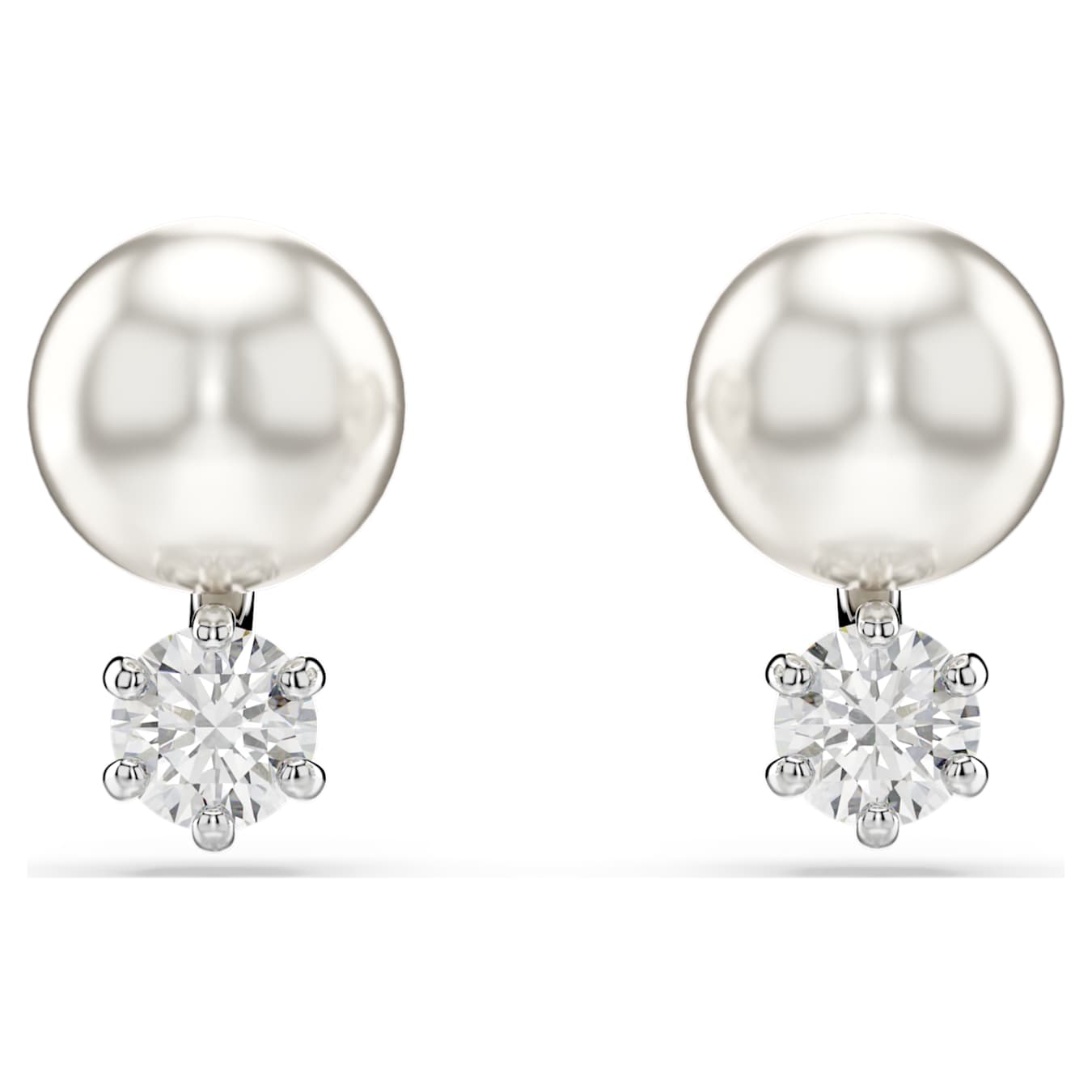 Swarovski Matrix stud earrings, crystal pearl, round cut, white, rhodium-plated