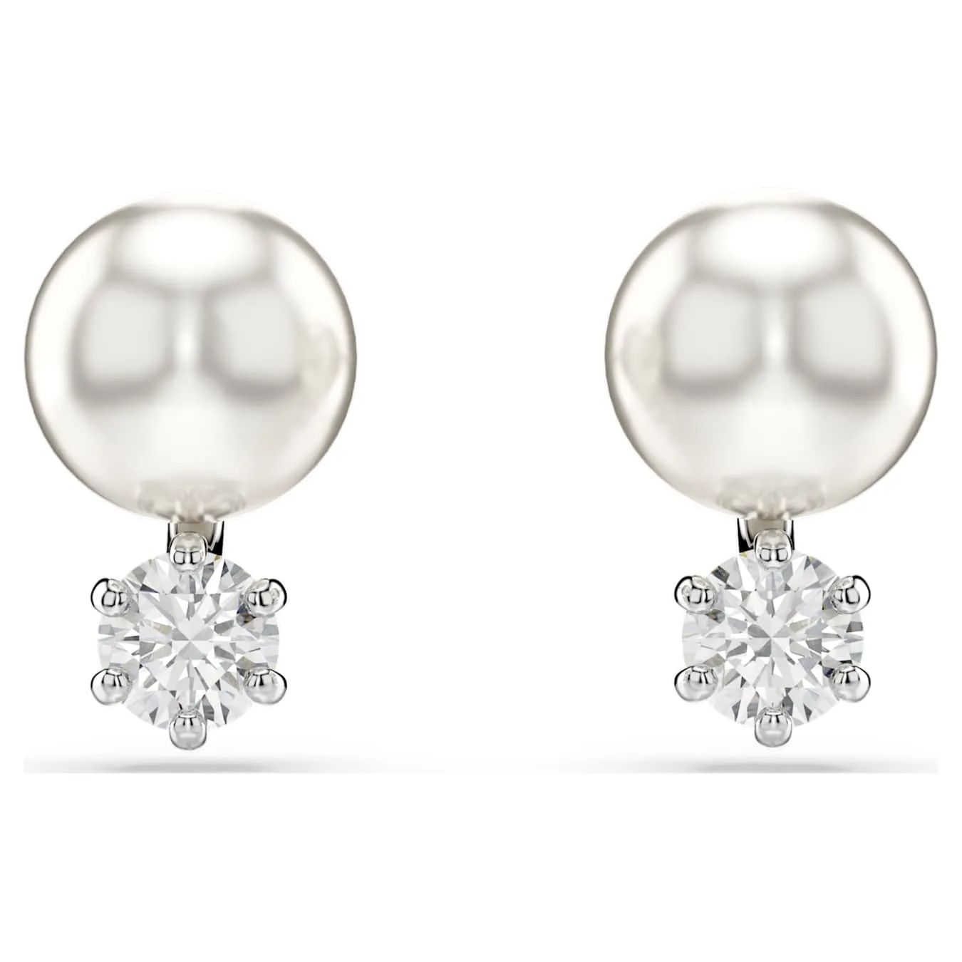 Swarovski Matrix stud earrings, crystal pearl, round cut, white, rhodium-plated