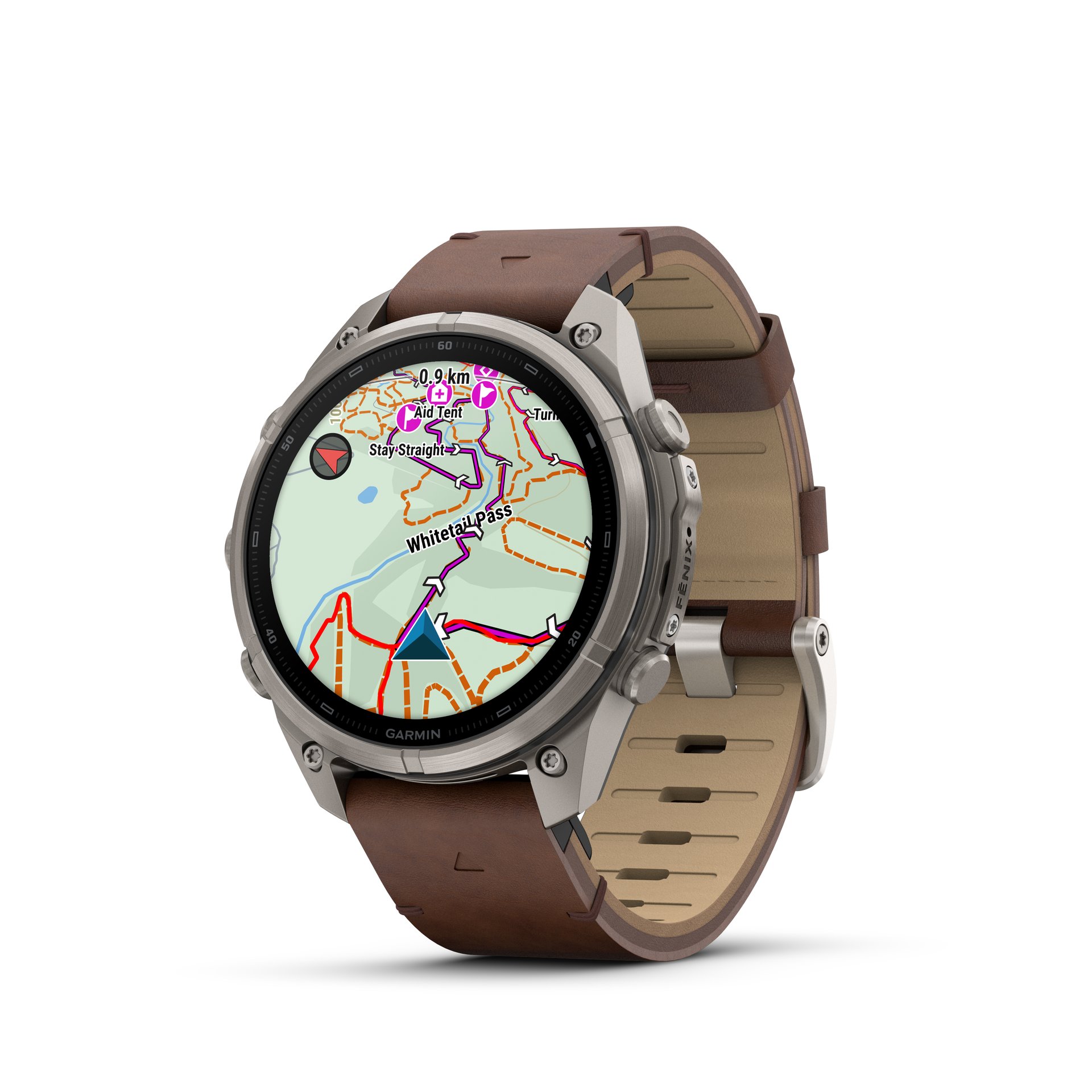 Garmin fēnix® 9 Pro inReach® - 47 mm AMOLED Sapphire Titanium with Walnut Leather Band + Pebble Gray/Silver Gray Silicone Band 010-04336-41