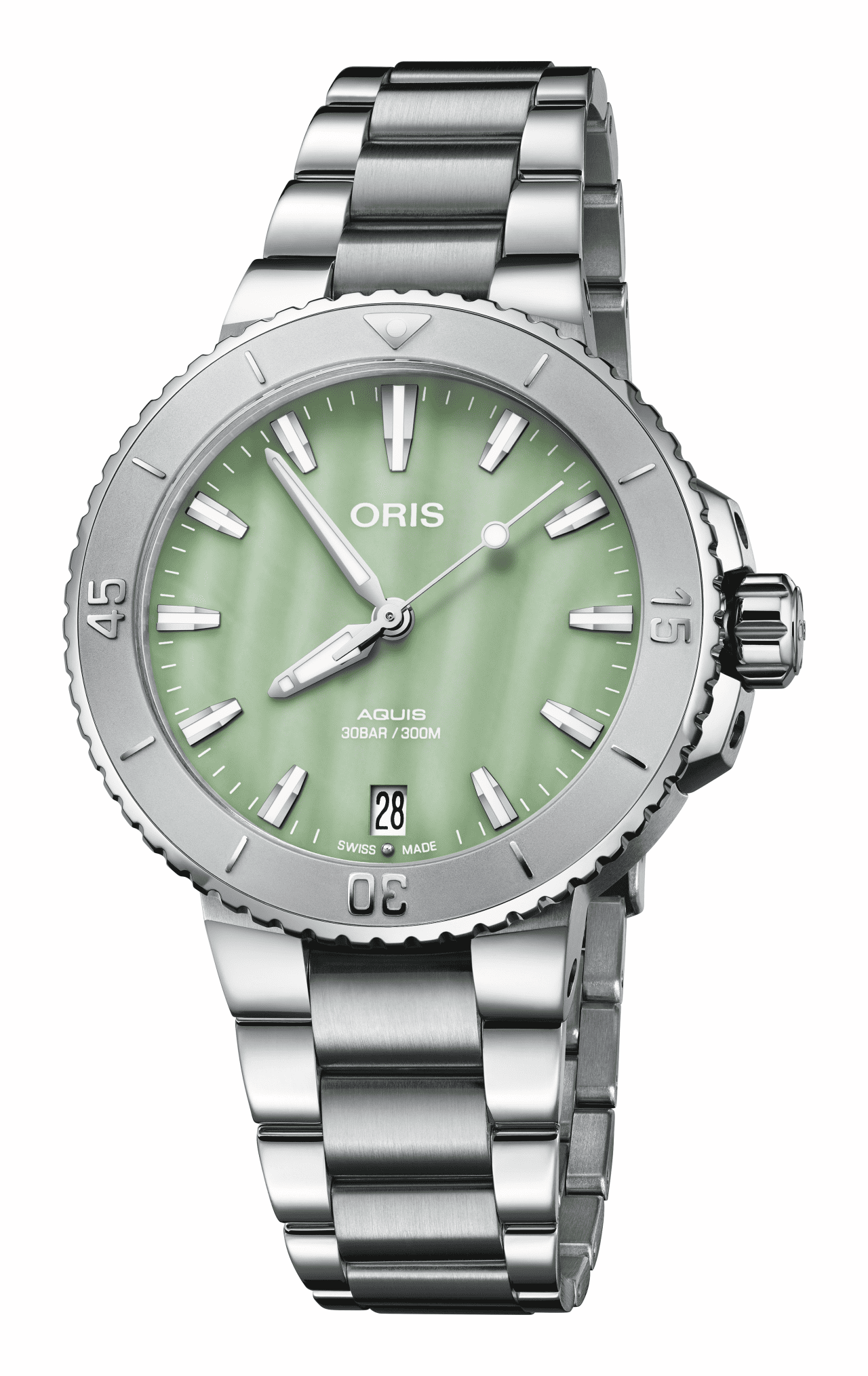 Oris Aquis Date 36.5mm Multi-piece stainless steel case, green mother-of-pearl ladies' watch 01 733 7770 4157-07 8 18 05P
