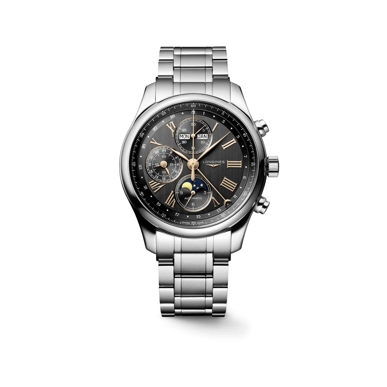 Longines Master Collection Chronograph Moon Phase Anthracite Stainless Steel Bracelet Men's Watch L2.773.4.61.6