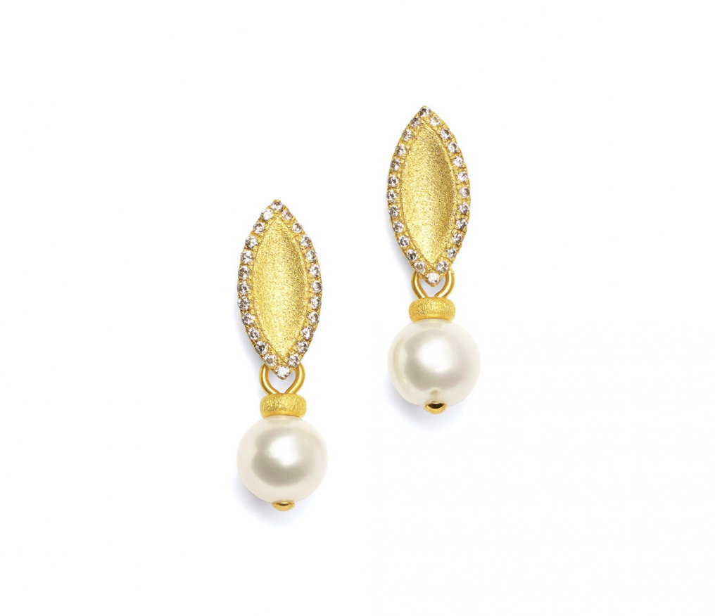 Bernd Wolf earrings Navina design line Navette freshwater pearl, 22x6mm