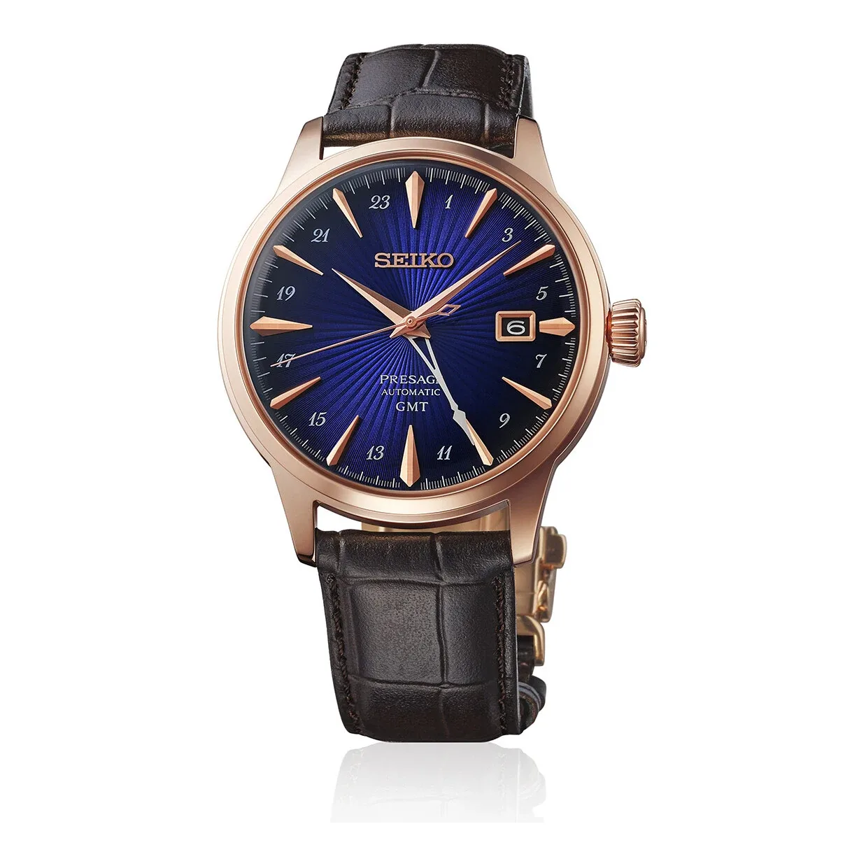 Seiko Presage Cocktail Time GMT Automatic 40 mm Leather Strap Blue Mens Watch HCB005J1