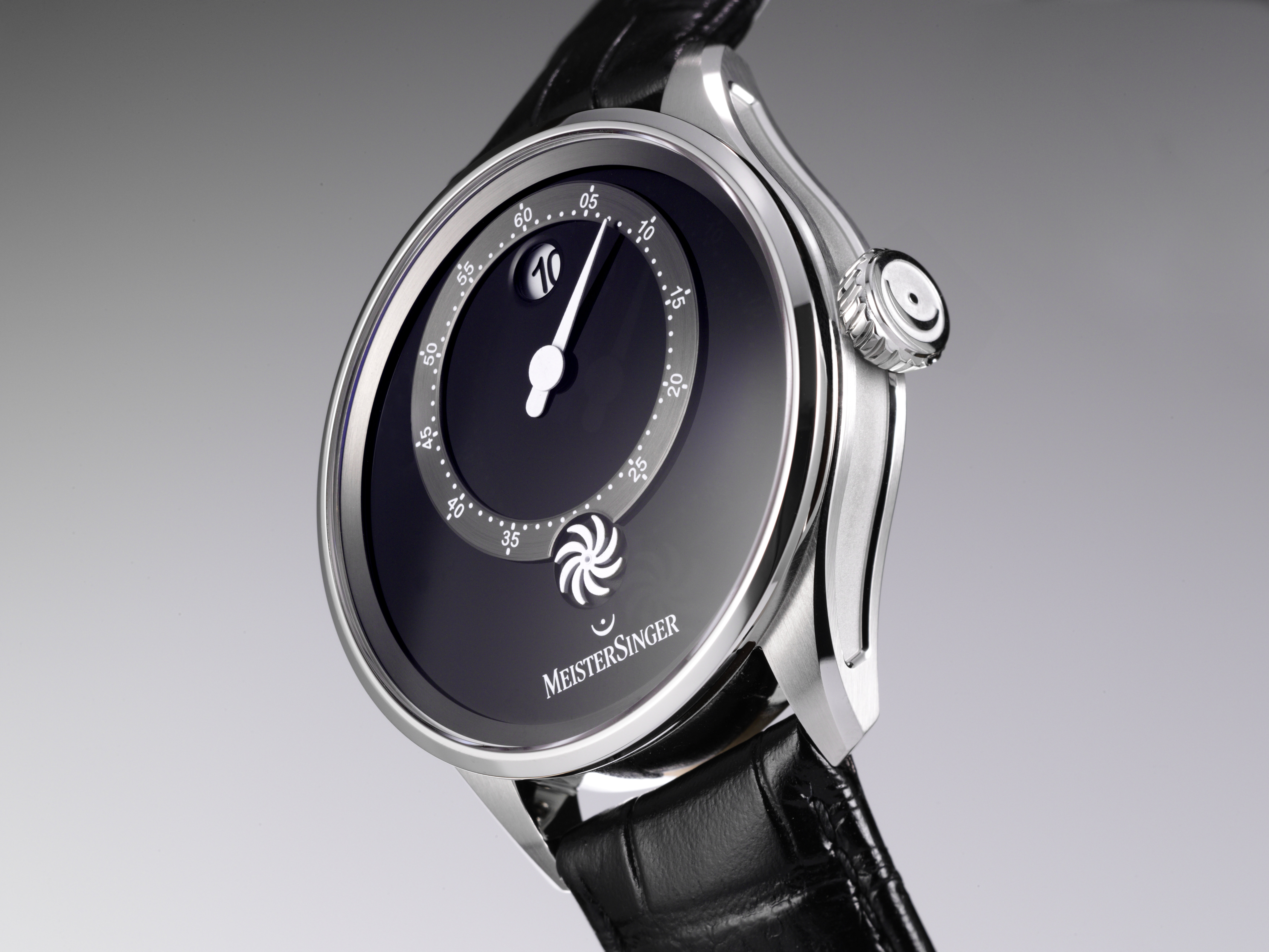 Meister Singer Panthero Jumping Hour - Black, automatic movement, cowhide leather with crocodile embossing, glossy black ladies' watch PTJH902