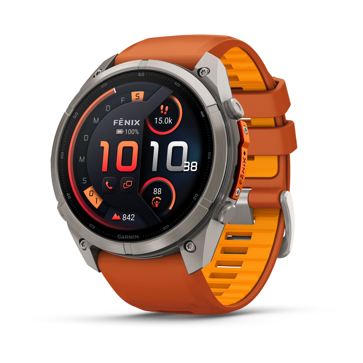 Garmin fēnix® 9 Pro inReach® - 51 mm AMOLED Sapphire Titanium with Autumn Orange/Spark Orange Silicone Band 010-04337-01