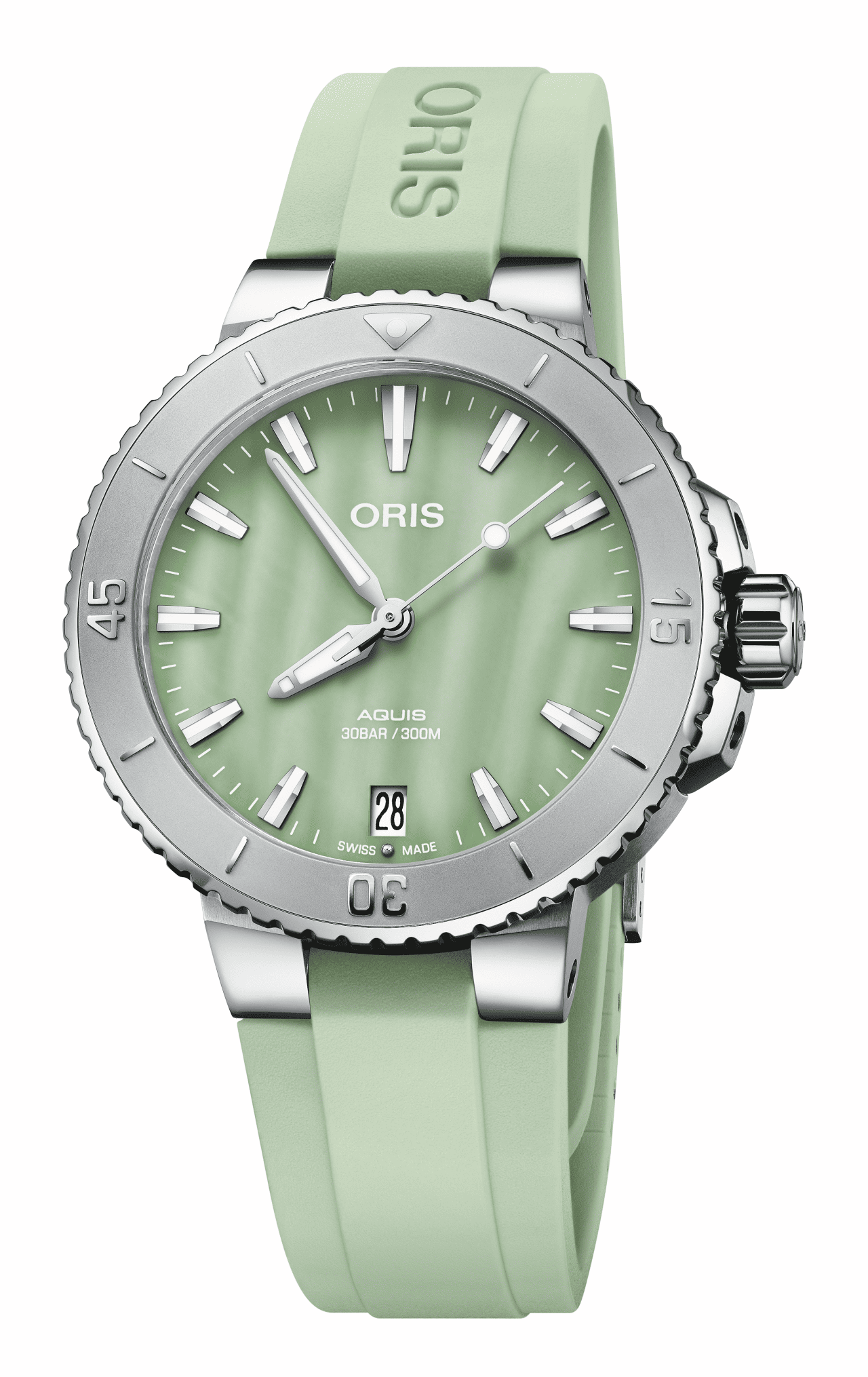 Oris Aquis Date 36.5mm, bezel with minute scale, rubber strap, mother-of-pearl green ladies' watch 01 733 7770 4157-07 4 18 67FC