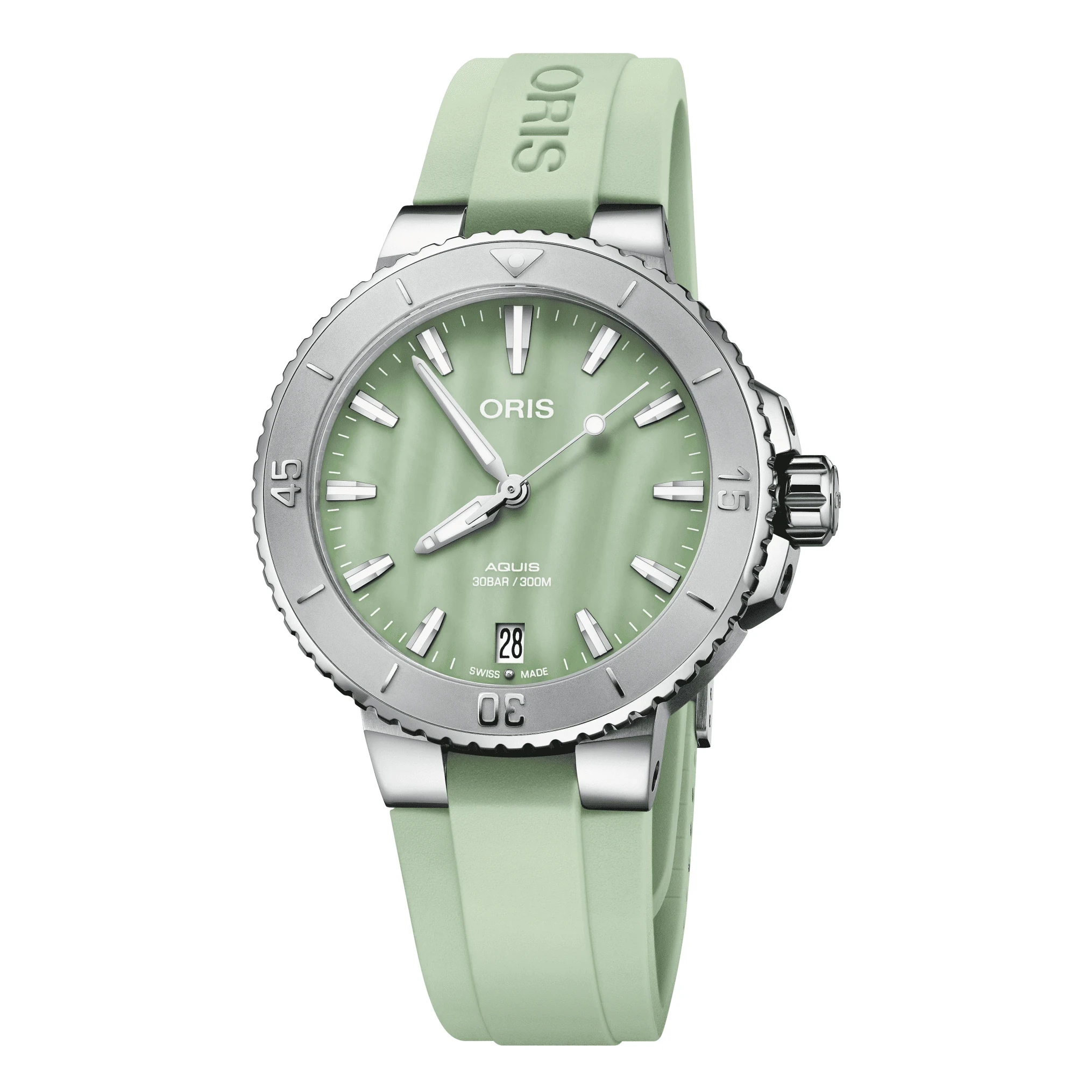 Oris Aquis Date 36.5mm, bezel with minute scale, rubber strap, mother-of-pearl green ladies' watch 01 733 7770 4157-07 4 18 67FC