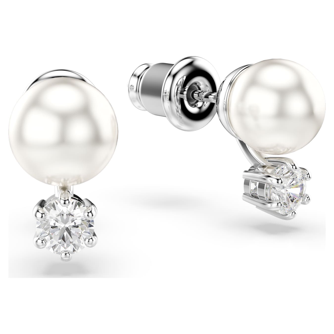 Swarovski Matrix stud earrings, crystal pearl, round cut, white, rhodium-plated