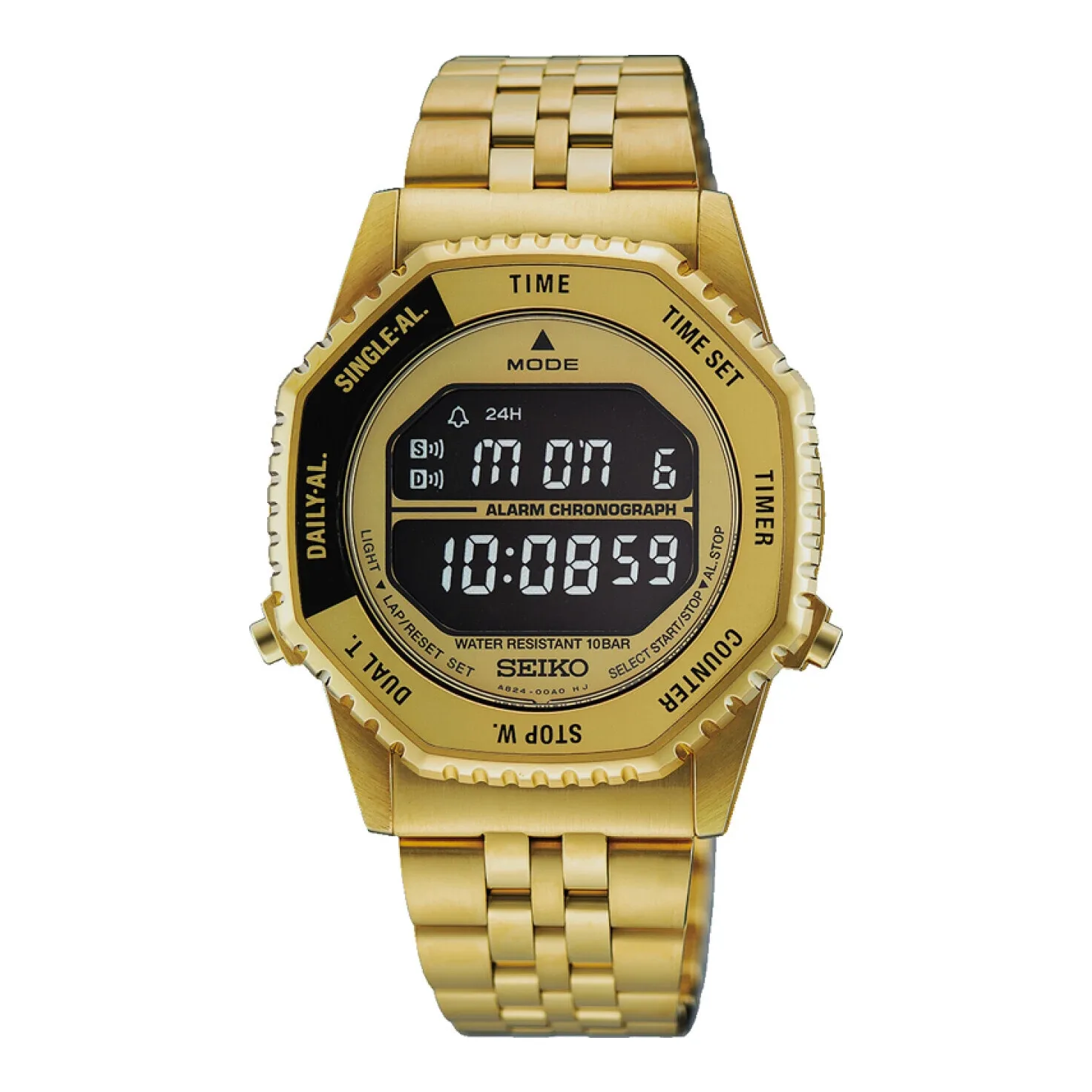 Seiko Digital Alarm Chronograph 37 mm Gold Tone Black Mens Watch HFL003P1