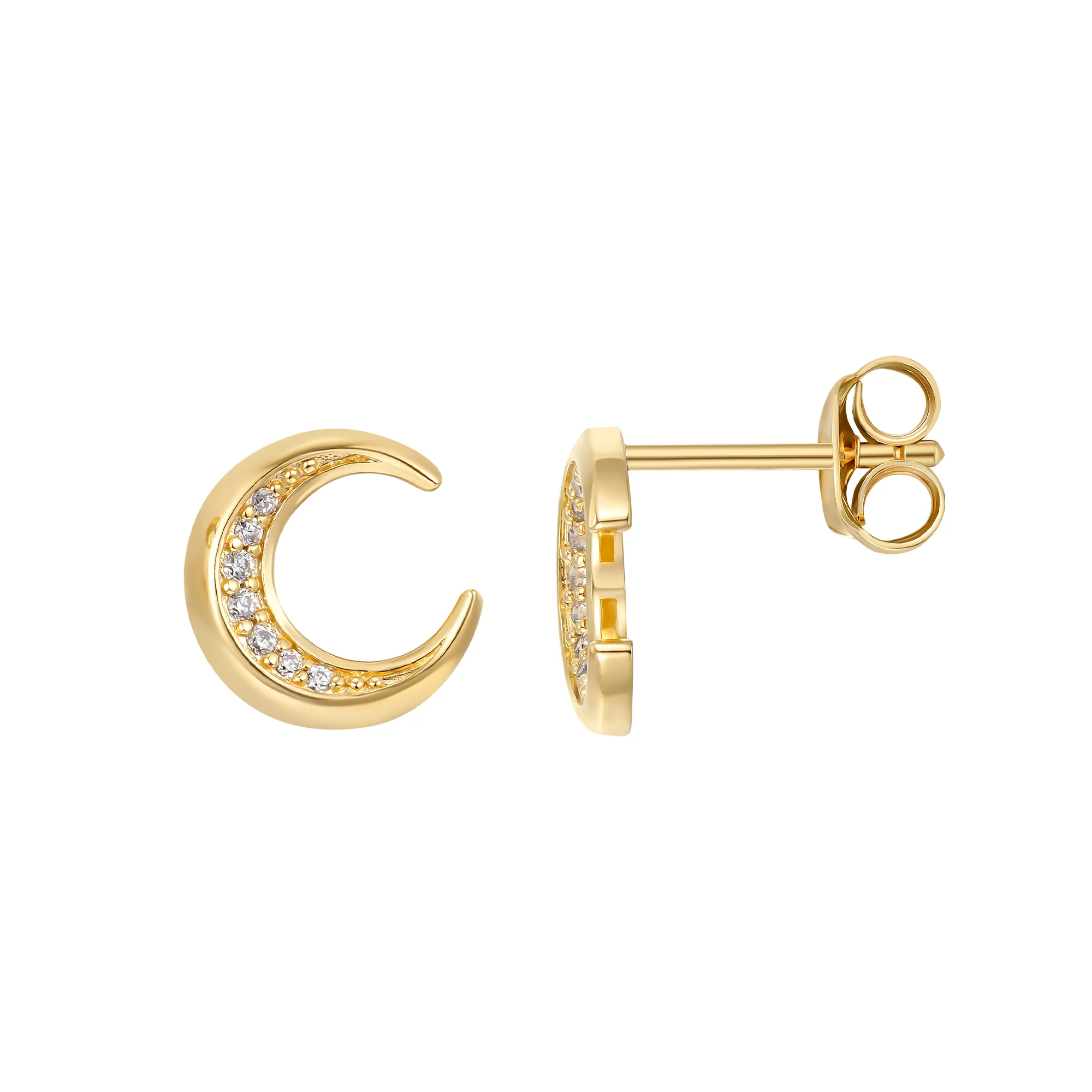 At the time, Muna Gold Moon stud earrings made of 925 sterling silver, 18K gold plated and with white cubic zirconia
