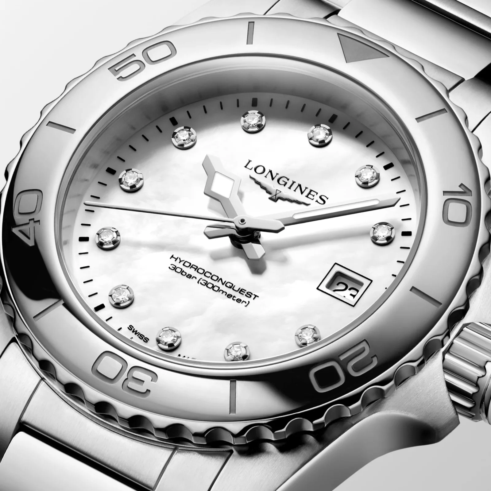 Longines HydroConquest Perlmutt Diamanten steel bracelet 30 mm Women’s Watch L3.369.4.87.6