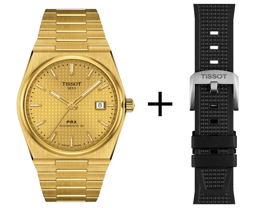 Tissot PRX Gold Powermatic Men's Watch 80 T137.407.33.021.00 Set with Black Rubber Strap