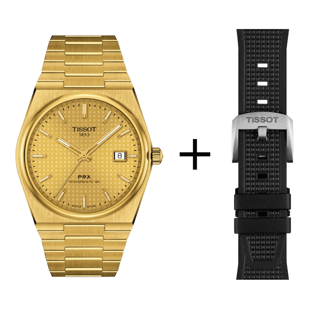 Tissot PRX Gold Powermatic men's watch 80 T137.407.33.021.00 set with black rubber strap