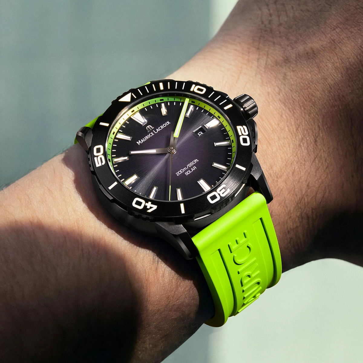 Maurice Lacroix PONTOS S SOLAR SPECIAL EDITION, 42 mm, Neon Green Rubber Strap Men's Watch PT1008-DLB00-330-5