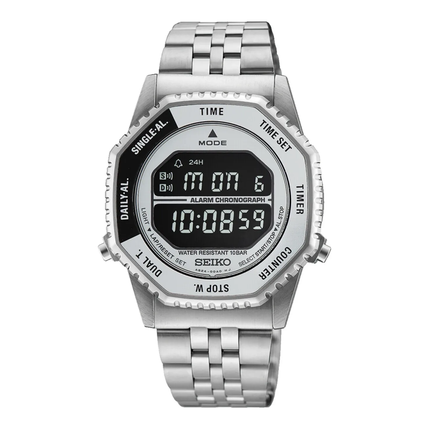 Seiko Digital Alarm Chronograph 37 mm Stainless Steel Black Mens Watch HFL002P1