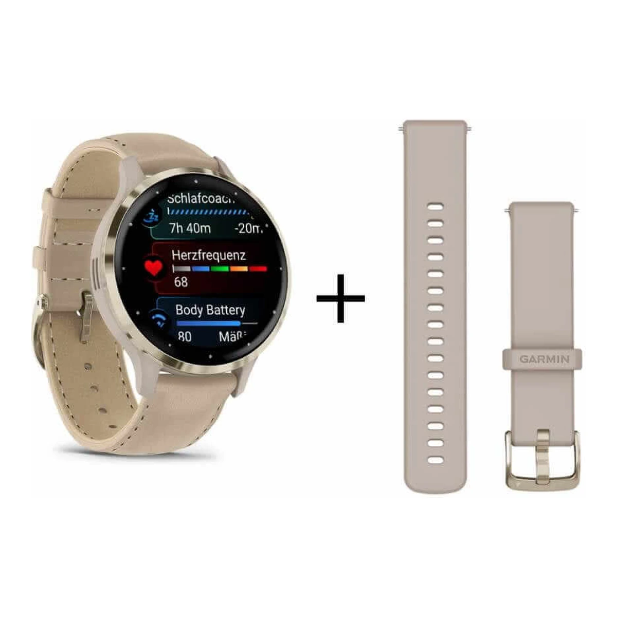 Garmin Venu 3S French Gray/Soft Gold with leather strap and silicone strap 010-02785-55