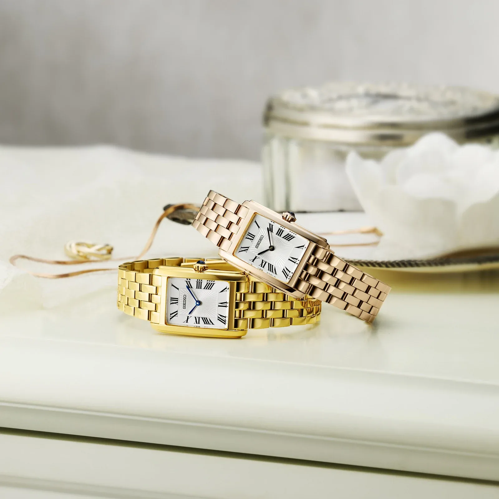 Seiko Classic Rectangular Quartz 22 mm Rose Gold Tone White Ladies Watch HGG002P1