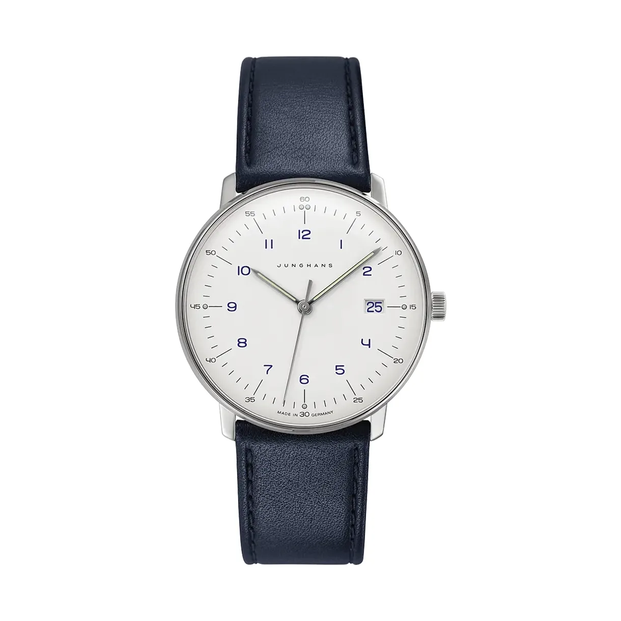 Junghans max bill Quartz Steel Blue Leather Strap Mens Watch 41/4668.02
