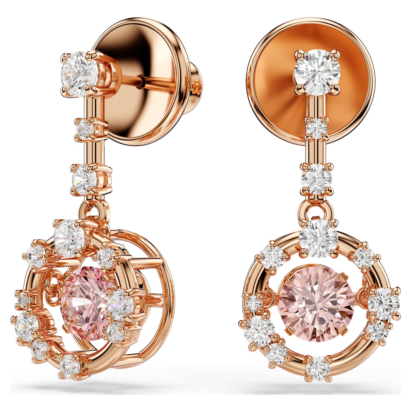 Swarovski Constella Drop Earrings, Round Cut, Dancing Stone, Pink, Rose Gold Alloy Layer