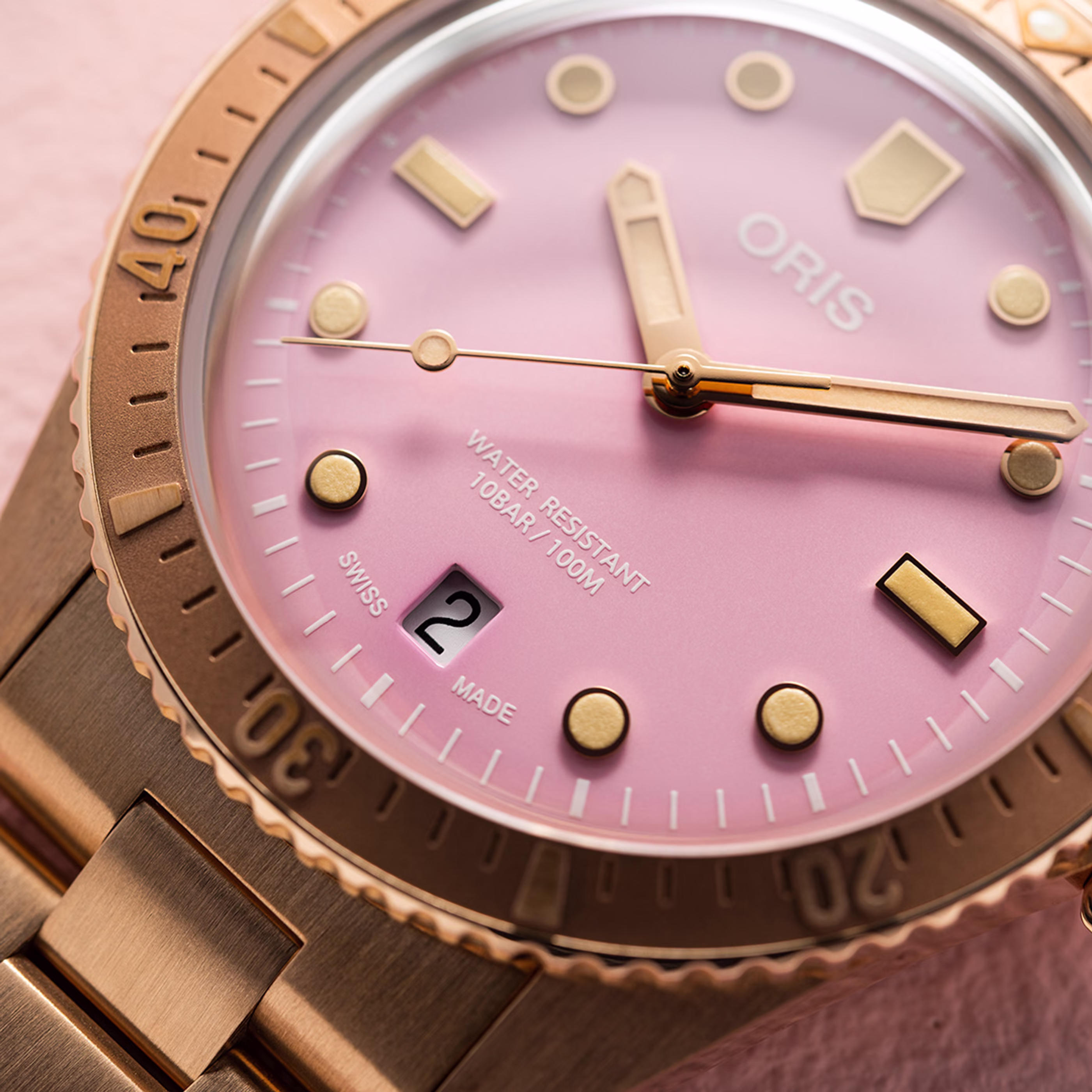 Oris Divers Sixty-Five Cotton Candy 38mm, bronze, Swiss-made movement, pink men's watch 01 733 7771 3158-07 8 19 15