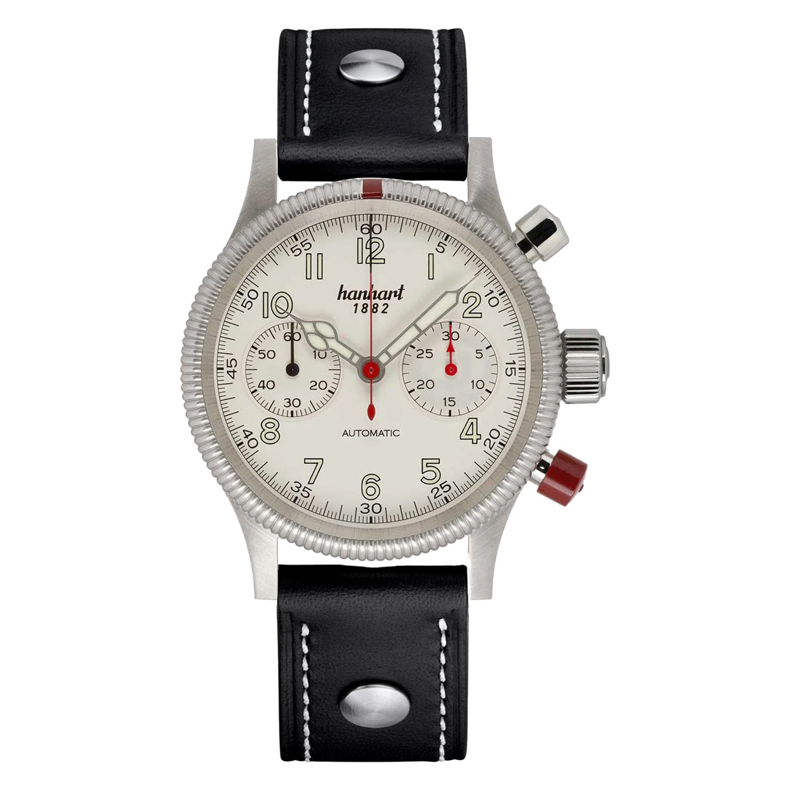 Hanhart PIONEER Mk II Off White 40 mm Leather Strap Black Men's Watch 716.200-0010