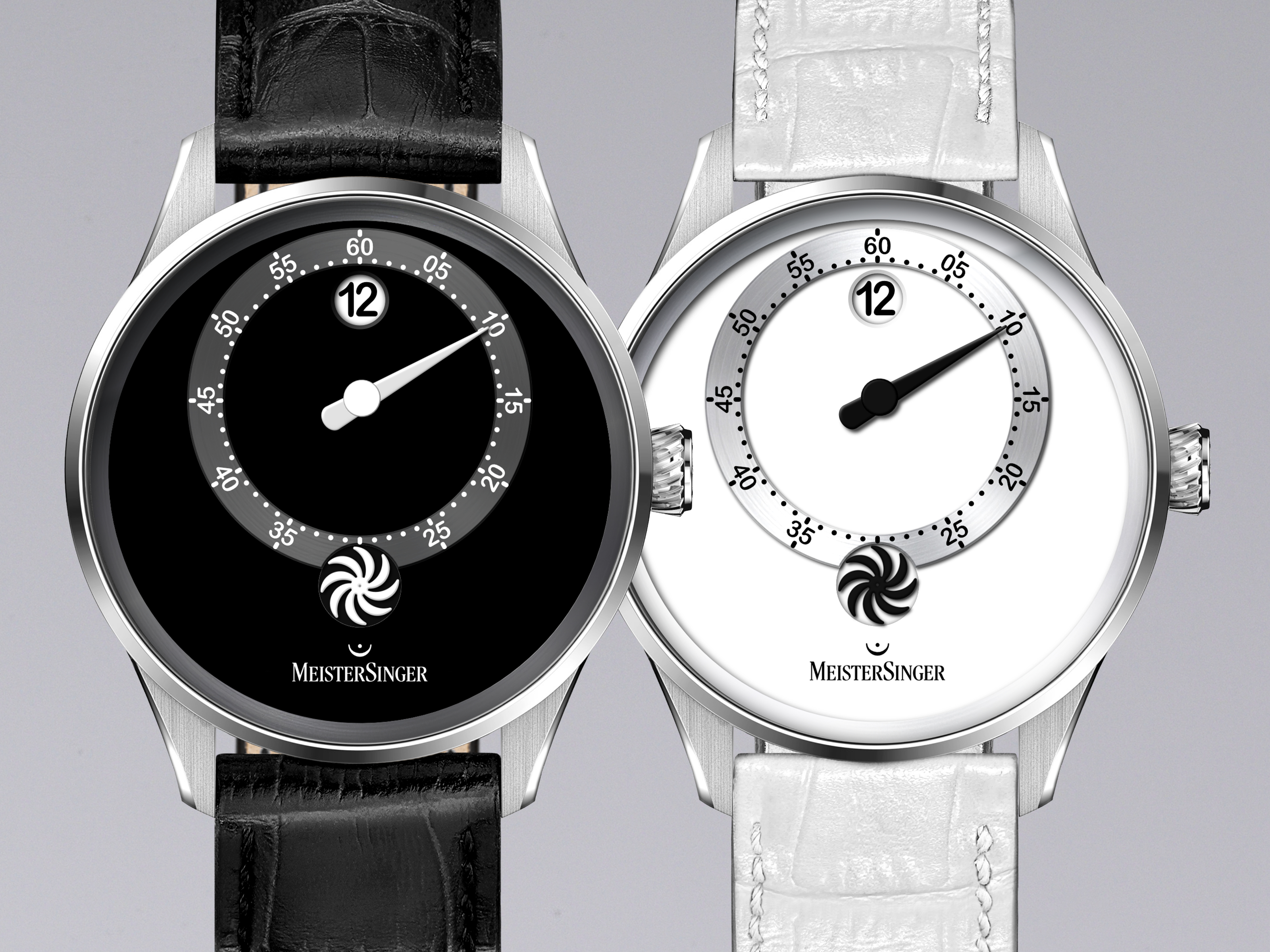 Meister Singer Panthero Jumping Hour - Black, automatic movement, cowhide leather with crocodile embossing, glossy black ladies' watch PTJH902