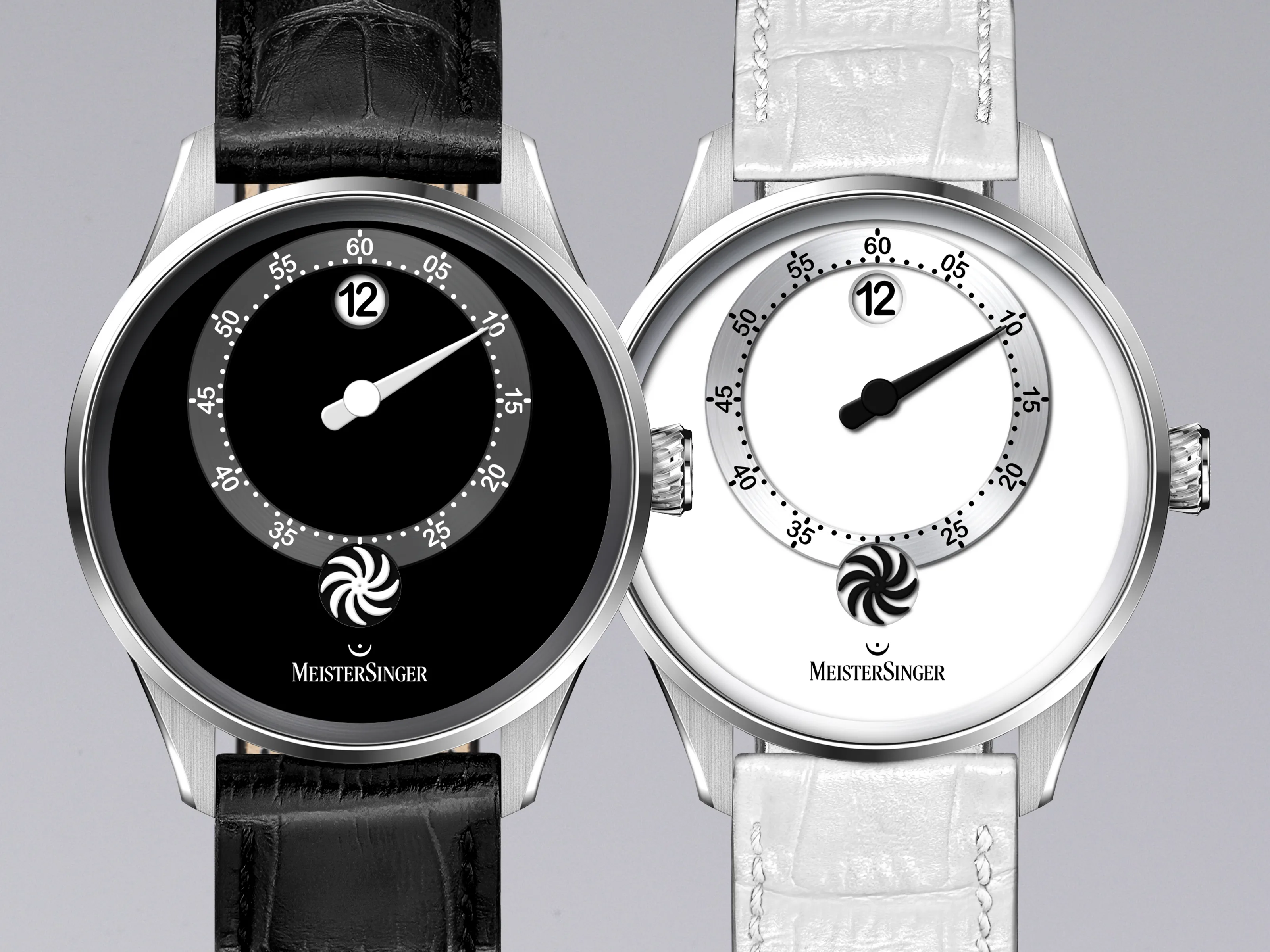 Meister Singer Panthero Jumping Hour - Black, automatic movement, cowhide leather with crocodile embossing, glossy black ladies' watch PTJH902