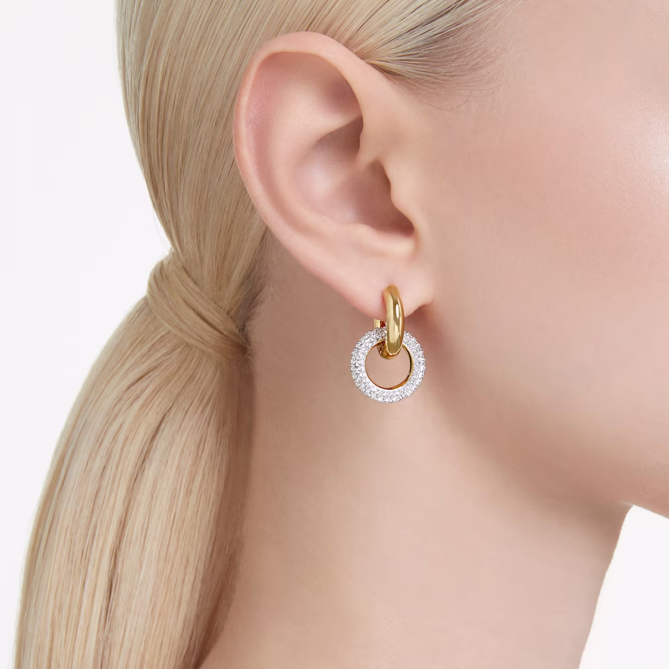 Swarovski Dextera hoop earrings, earrings, asymmetrical design, intertwined band, white, gold alloy layer