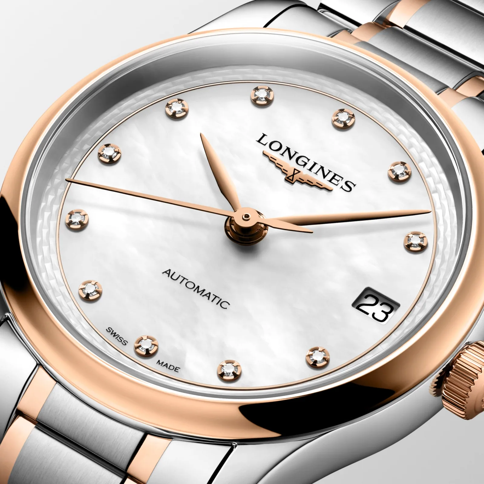 Longines Master Collection Perlmutt Diamanten Two Tone Rose Gold 34 mm Women’s Watch L2.450.5.89.7