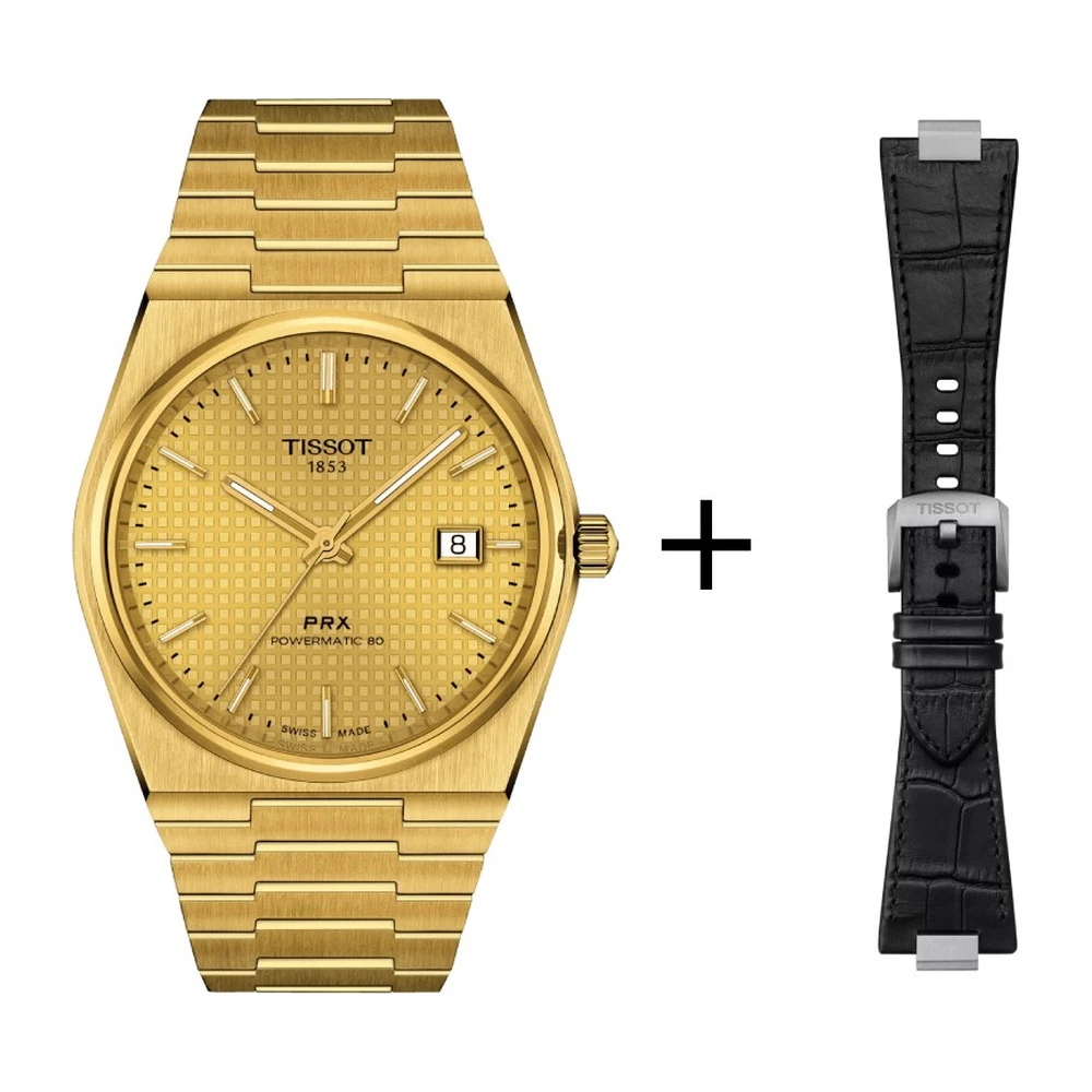 Tissot PRX Gold Powermatic men's watch 80 T137.407.33.021.00 set with black leather strap