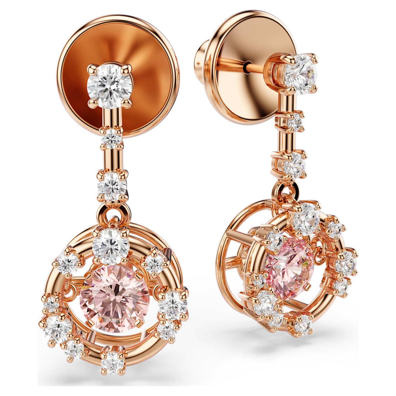 Swarovski Constella Drop Earrings, Round Cut, Dancing Stone, Pink, Rose Gold Alloy Layer