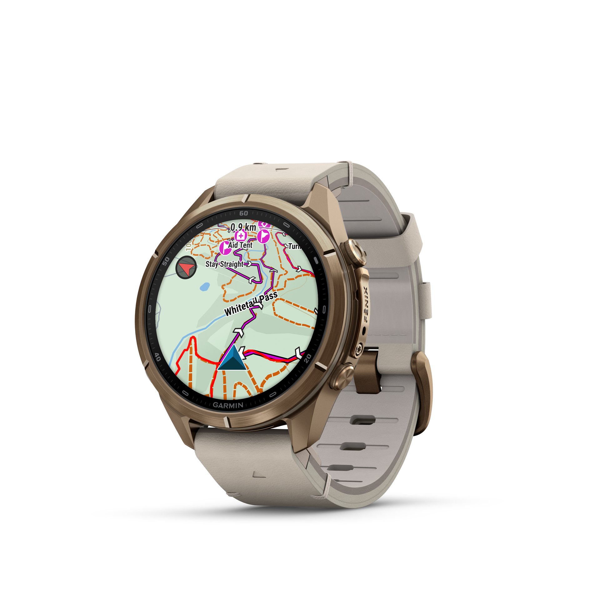 Garmin fēnix® 9 Pro inReach® - 43 mm AMOLED Sapphire Autumn Gold Titanium with Bone Leather Band + Cream/French Gray Silicone Band 010-04335-41