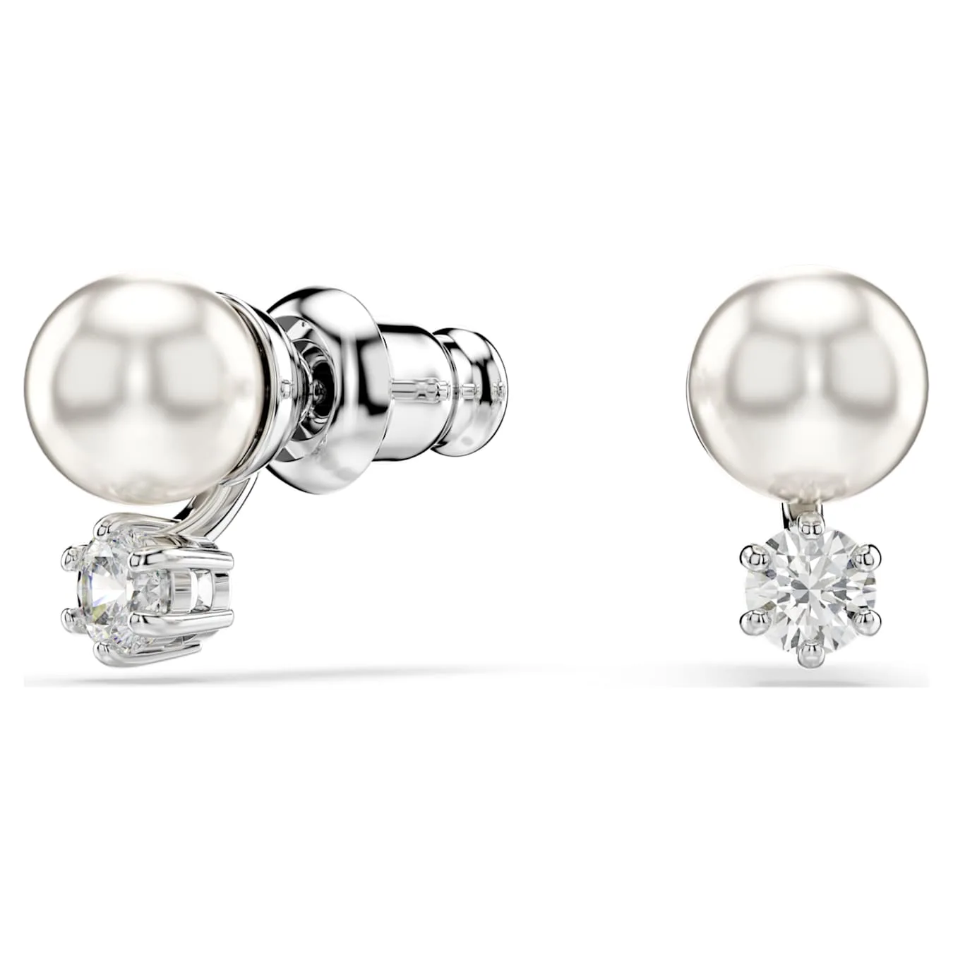 Swarovski Matrix stud earrings, crystal pearl, round cut, white, rhodium-plated