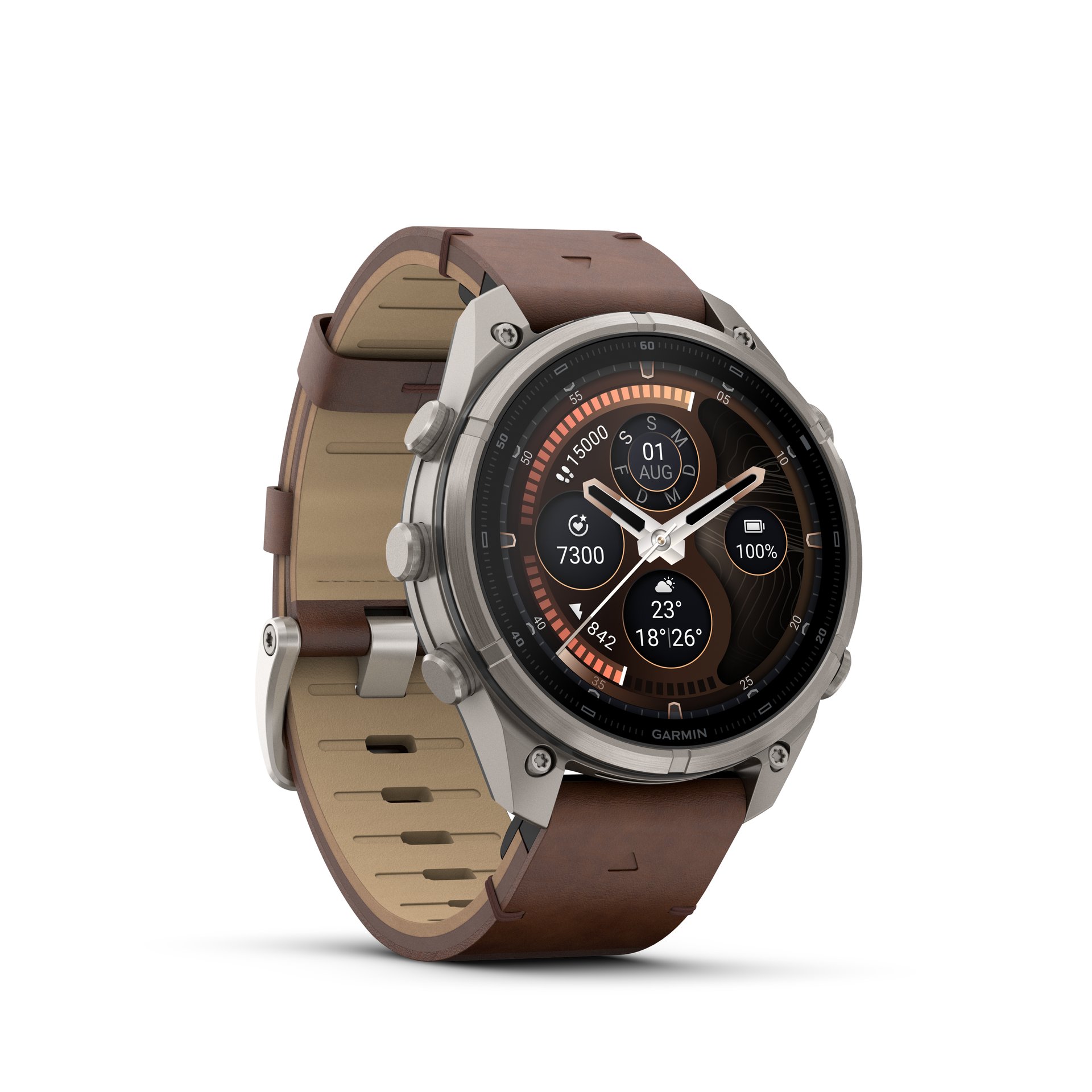 Garmin fēnix® 9 Pro inReach® - 47 mm AMOLED Sapphire Titanium with Walnut Leather Band + Pebble Gray/Silver Gray Silicone Band 010-04336-41
