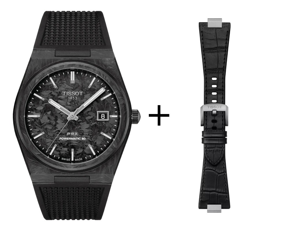 Tissot PRX 80 Herrenuhr CARBON T137.907.97.201.00 Set mit schwarzem Lederband Krokooptik