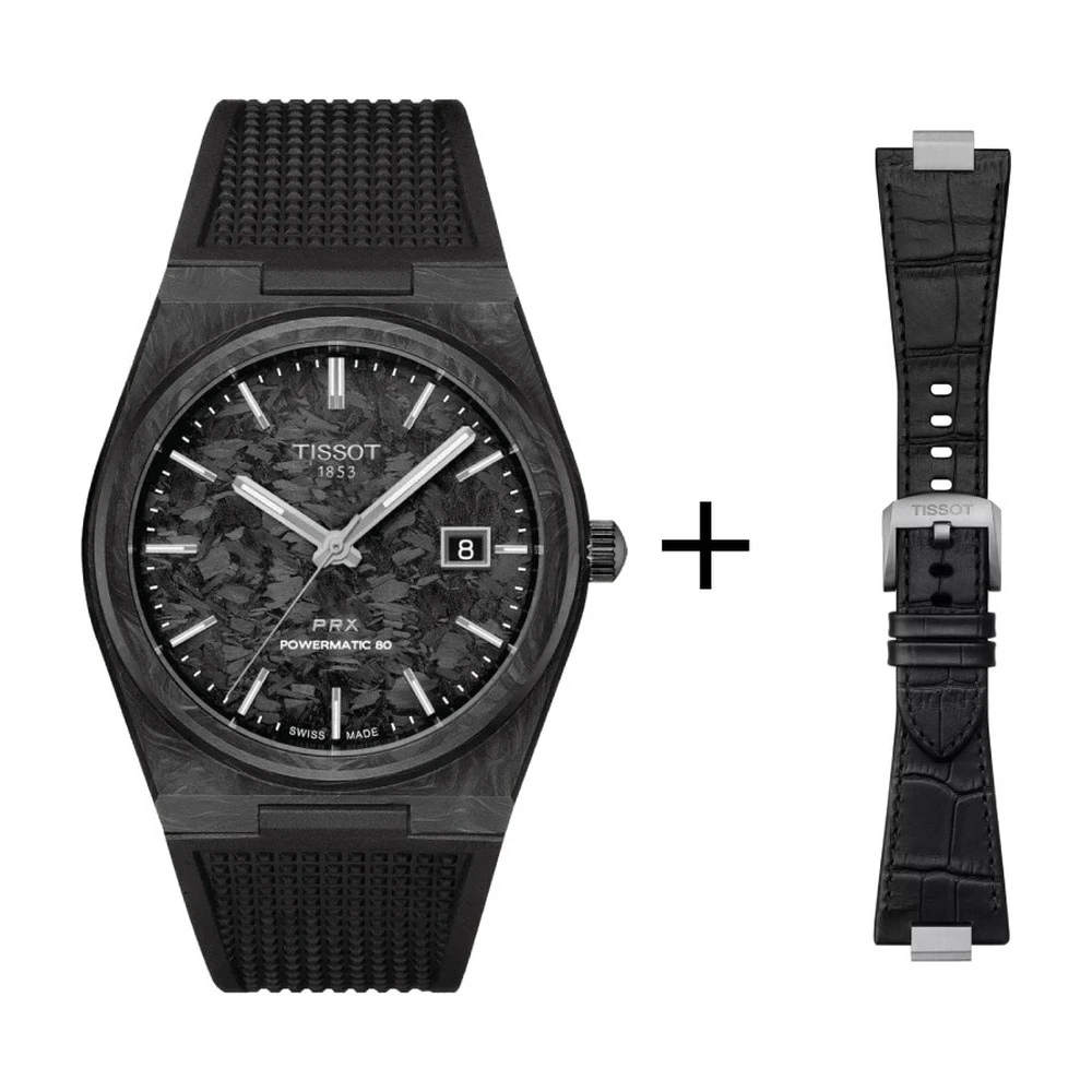 Tissot PRX 80 Carbon men's watch T137.907.97.201.00 set with black crocodile-grain leather strap