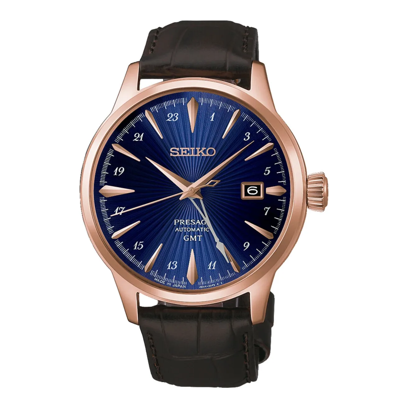 Seiko Presage Cocktail Time GMT Automatic 40 mm Leather Strap Blue Mens Watch HCB005J1