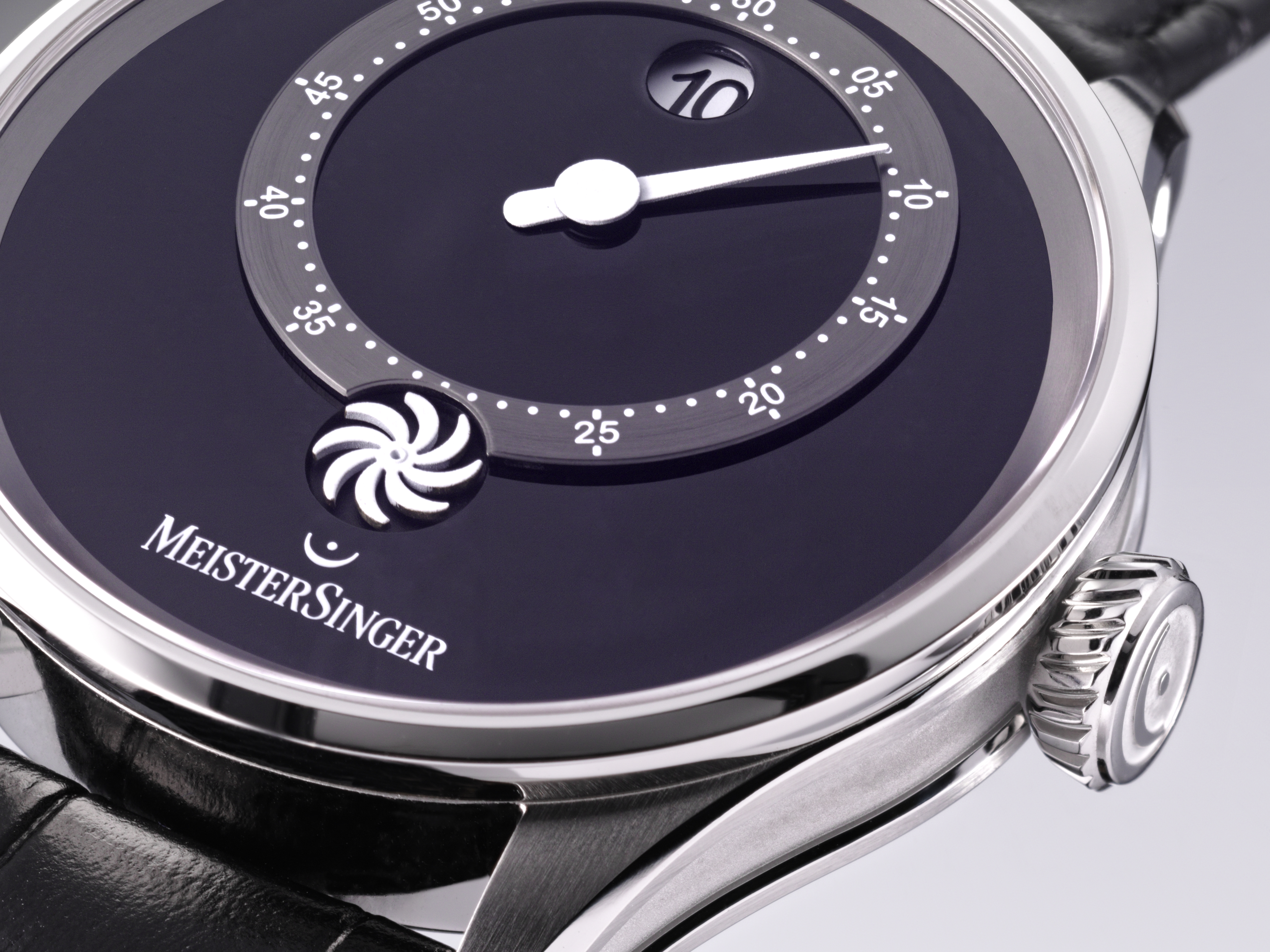 Meister Singer Panthero Jumping Hour - Black, automatic movement, cowhide leather with crocodile embossing, glossy black ladies' watch PTJH902